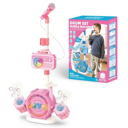 Sure, here is the corrected and grouped text from the image:
---
**DRUM SET BUBBLE MACHINE**
Start the colorful bubble journey with music!
- **2-IN-1 SWITCH**
- Drum Set
- Bubble Machine
- **MORE ACCESSORIES**
- Drum Set
- Bubble Water X1
- Instruction manual X1
- **3+**
- Ages
- **BUBBLE KIT**
- LIVE
- **BUBBLE WATER**
- Capacity is visible
- **LIVE**
- (Icon with a microphone)
- **BUBBLE MACHINE**
- (Icon with bubbles)
- **DRUM SET**
- (Icon with drums)
- **BUBBLE KIT**
- (Icon with bubbles and drums)
- **BUBBLE WATER**
- (Icon with a bottle)
- **INSTRUCTION MANUAL**
- (Icon with a book)
- **3+**
- Ages
- **BUBBLE KIT**
- (Icon with bubbles and drums)
- **BUBBLE WATER**
- (Icon with a bottle)
- **INSTRUCTION MANUAL**