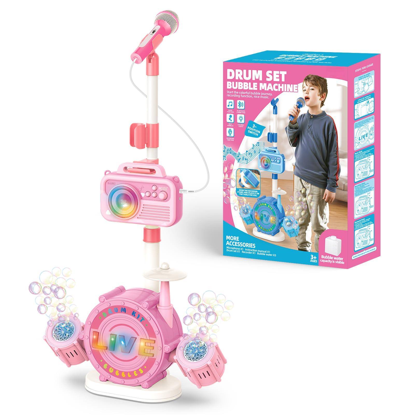 Sure, here is the corrected and grouped text from the image:

---

**DRUM SET BUBBLE MACHINE**

Start the colorful bubble journey with music!

- **2-IN-1 SWITCH**  
  - Drum Set  
  - Bubble Machine

- **MORE ACCESSORIES**  
  - Drum Set  
  - Bubble Water X1  
  - Instruction manual X1

- **3+**  
  - Ages

- **BUBBLE KIT**  
  - LIVE

- **BUBBLE WATER**  
  - Capacity is visible

- **LIVE**  
  - (Icon with a microphone)

- **BUBBLE MACHINE**  
  - (Icon with bubbles)

- **DRUM SET**  
  - (Icon with drums)

- **BUBBLE KIT**  
  - (Icon with bubbles and drums)

- **BUBBLE WATER**  
  - (Icon with a bottle)

- **INSTRUCTION MANUAL**  
  - (Icon with a book)

- **3+**  
  - Ages

- **BUBBLE KIT**  
  - (Icon with bubbles and drums)

- **BUBBLE WATER**  
  - (Icon with a bottle)

- **INSTRUCTION MANUAL**  
