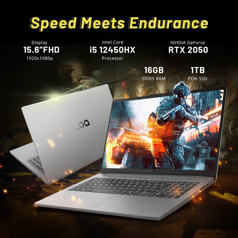 Speed Meets Endurance  
Display: 15.6" FHD (1920x1080p)  
Intel Core i5 12450HX Processor  
NVIDIA GeForce RTX 2050  
16GB DDR5 RAM  
1TB PCIe SSD