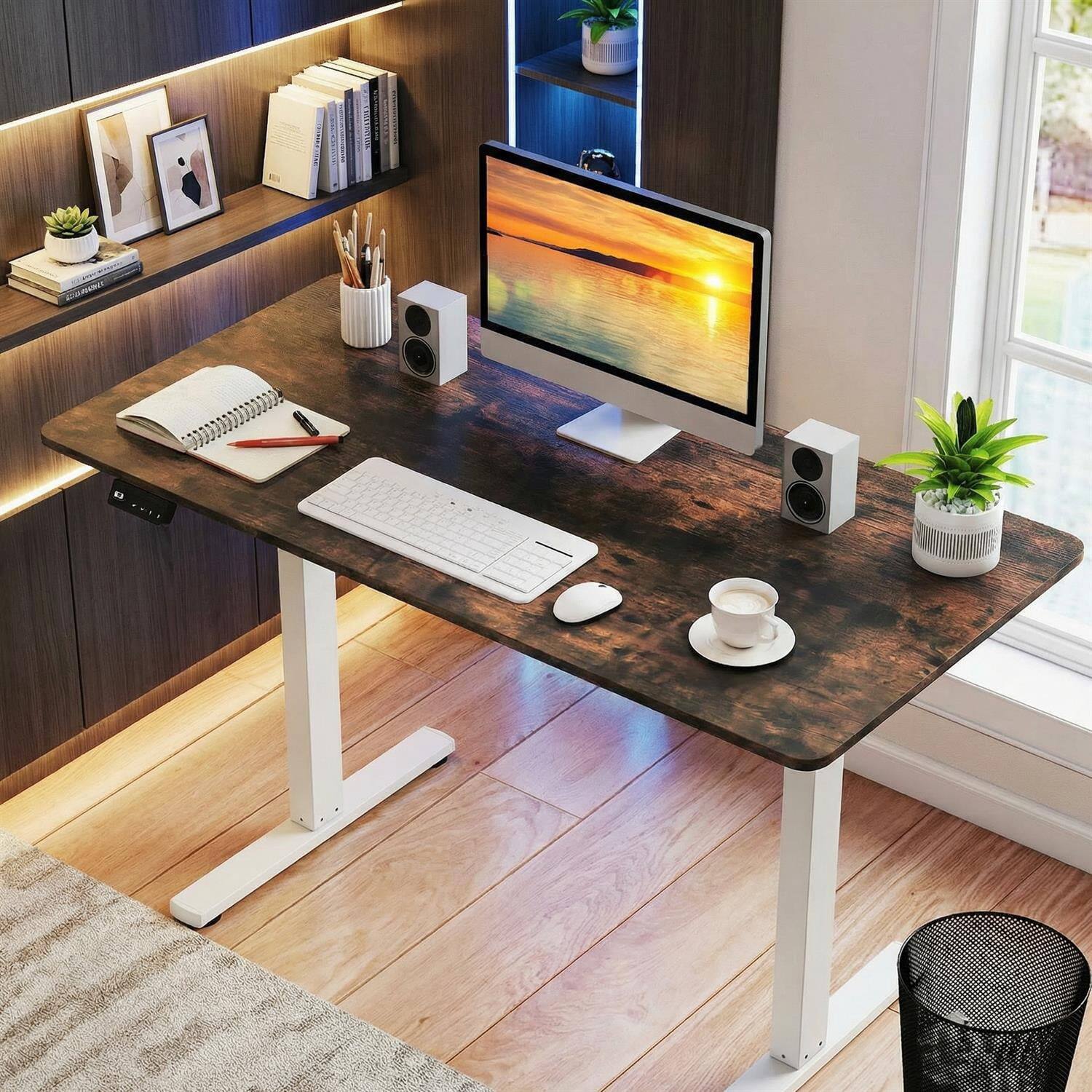 Front. Pefilos - Electric Standing Desk with LED Display & 2 Memory Height Settings, Height Adjustable Sit Stand Desk for Home Office - Rustic Brown.