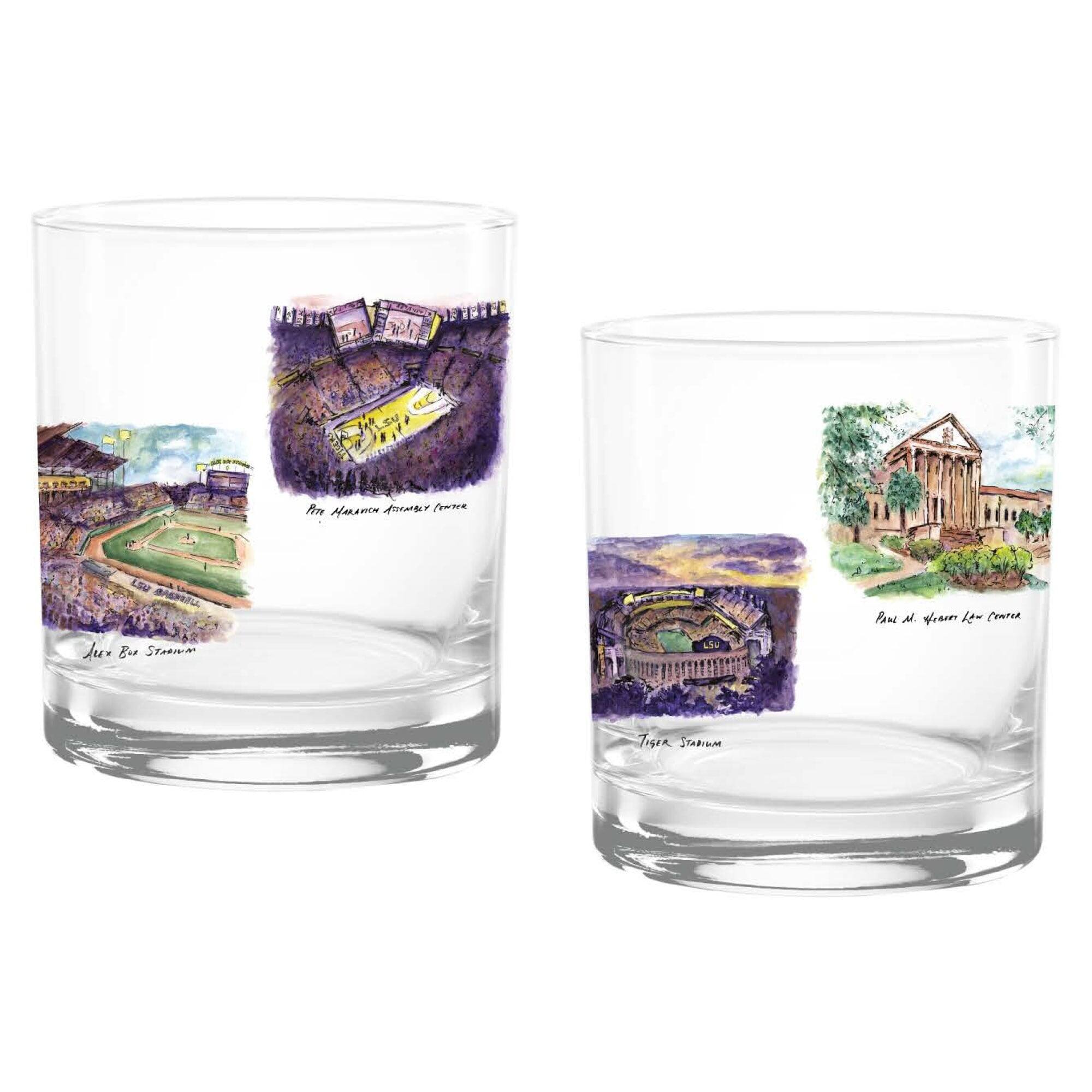 Sure, here is the corrected and grouped text from the image:

**Left Glass:**
- Alex Box Stadium
- Alex Box Stadium
- LSU
- Tiger Stadium

**Right Glass:**
- Paul M. Hebert Library
- Paul M. Hebert Library
- LSU
- Tiger Stadium
