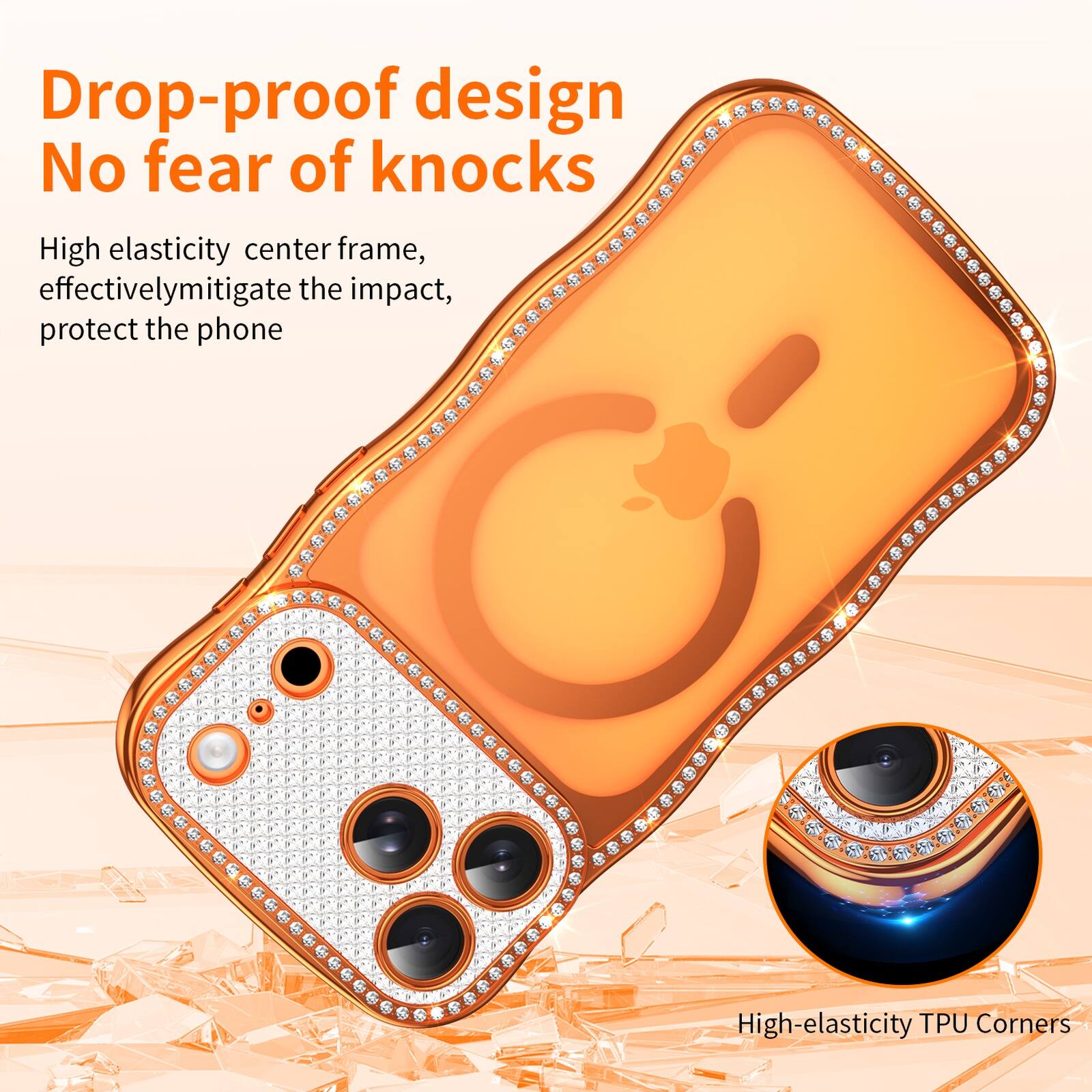 Drop-proof design  
No fear of knocks  

High elasticity center frame, effectively mitigate the impact, protect the phone  

High-elasticity TPU Corners