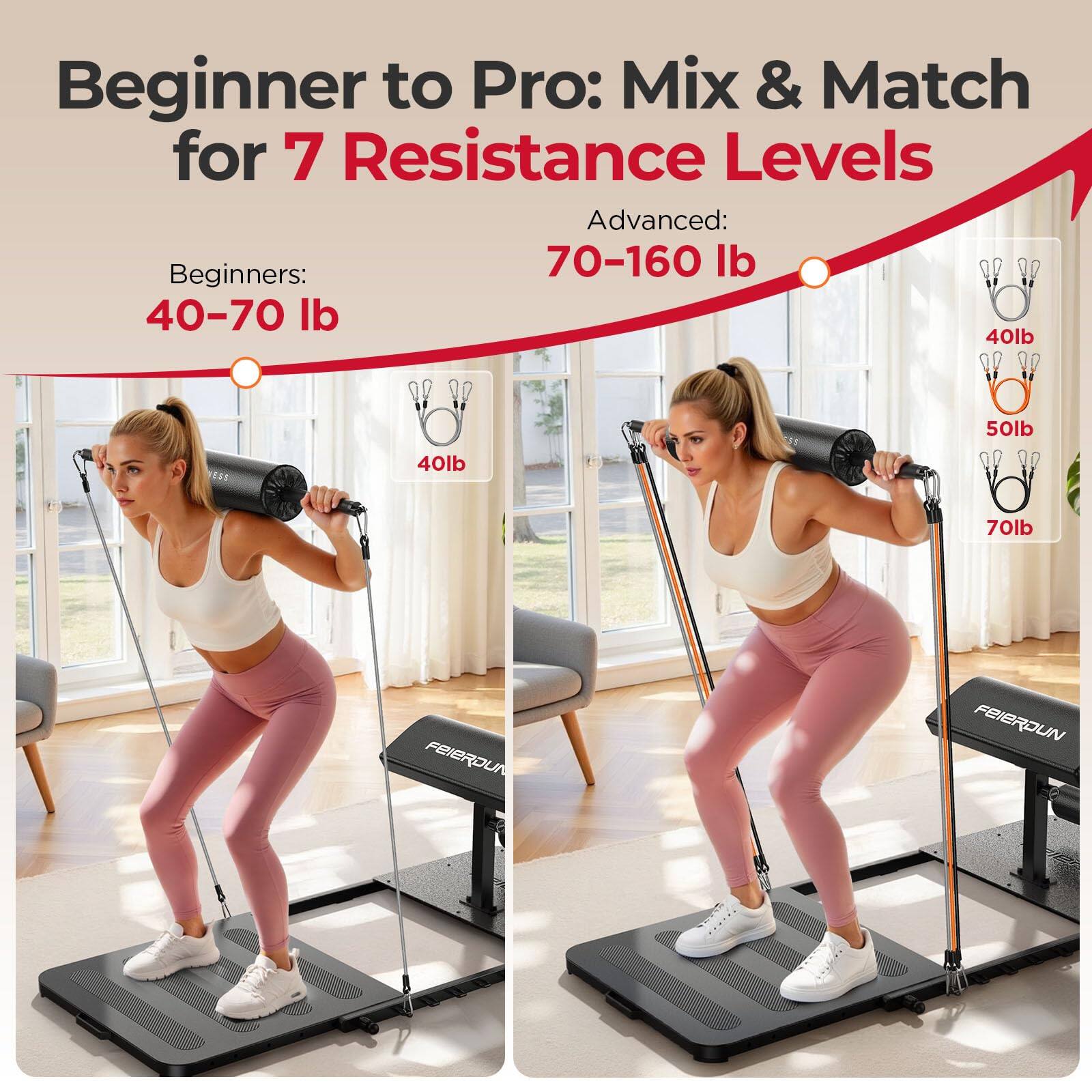 Beginner to Pro: Mix & Match for 7 Resistance Levels

Beginners: 40-70 lb

Advanced: 70-160 lb

40lb

50lb

70lb