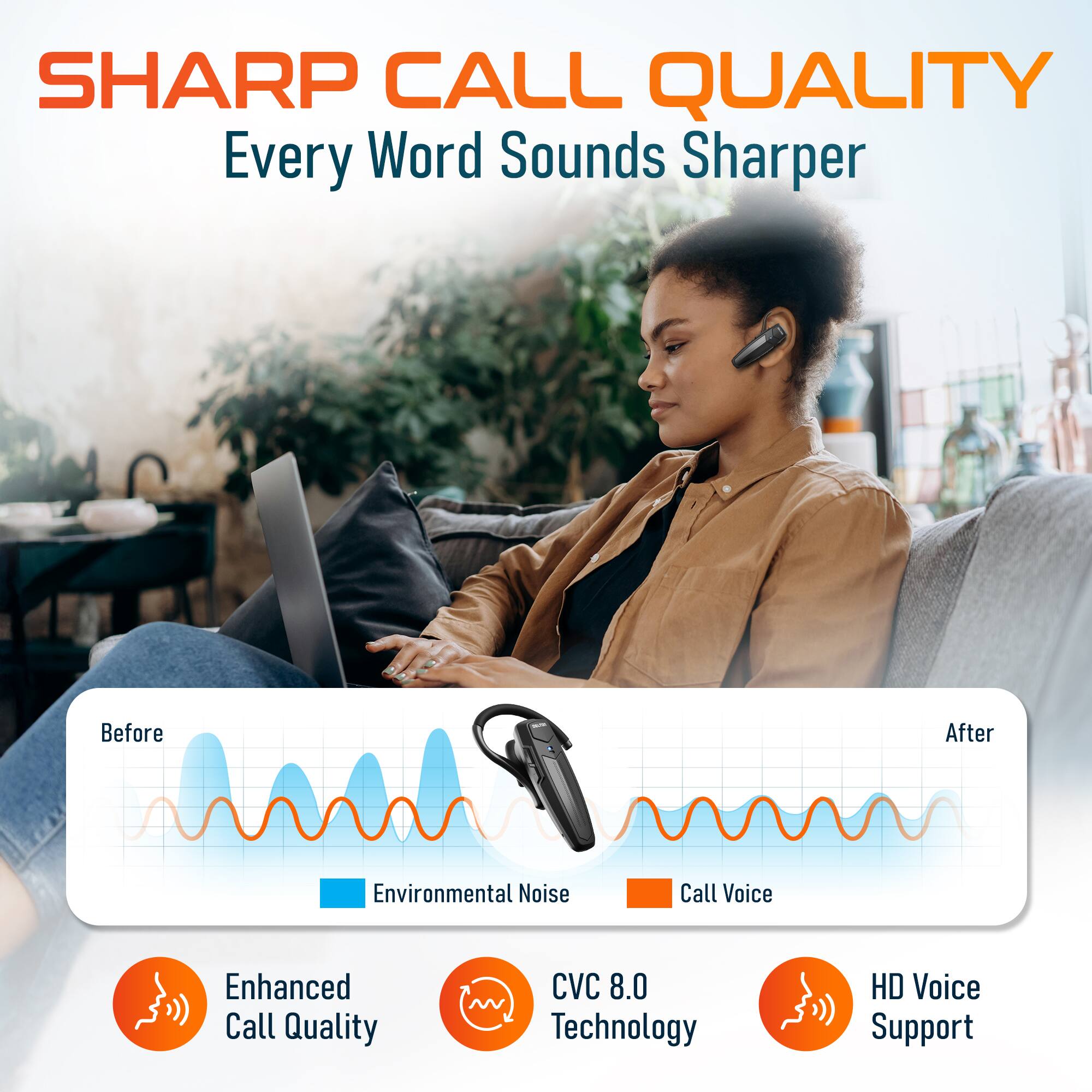 SHARP CALL QUALITY  
Every Word Sounds Sharper  

Before  
Environmental Noise  
Call Voice  

After  

Enhanced Call Quality  
CVC 8.0 Technology  
HD Voice Support