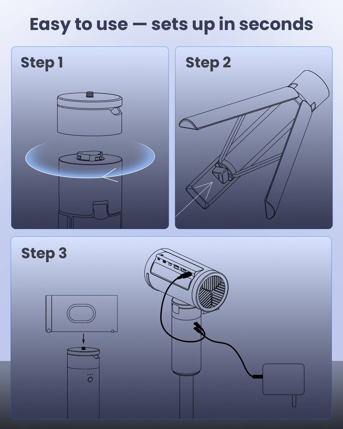 Easy to use – sets up in seconds

Step 1

Step 2

Step 3