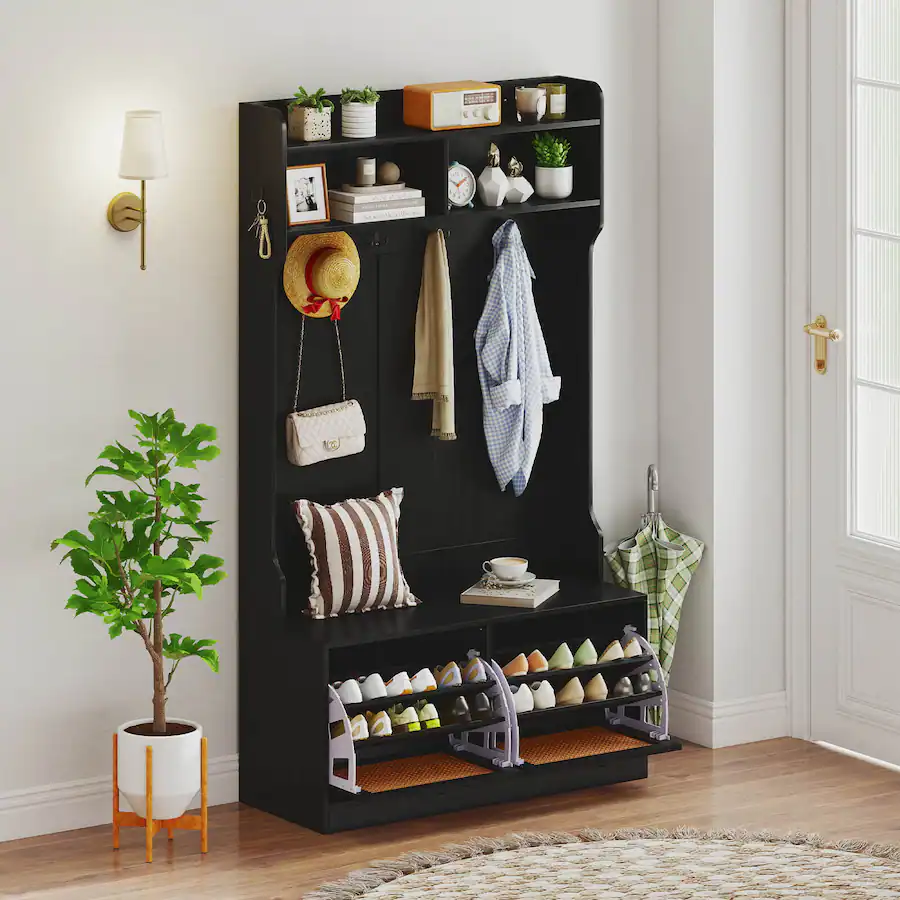 Costway 4 In 1 Hall Tree Entryway Bench with Coat Rack & Flip Drawers 6 ...