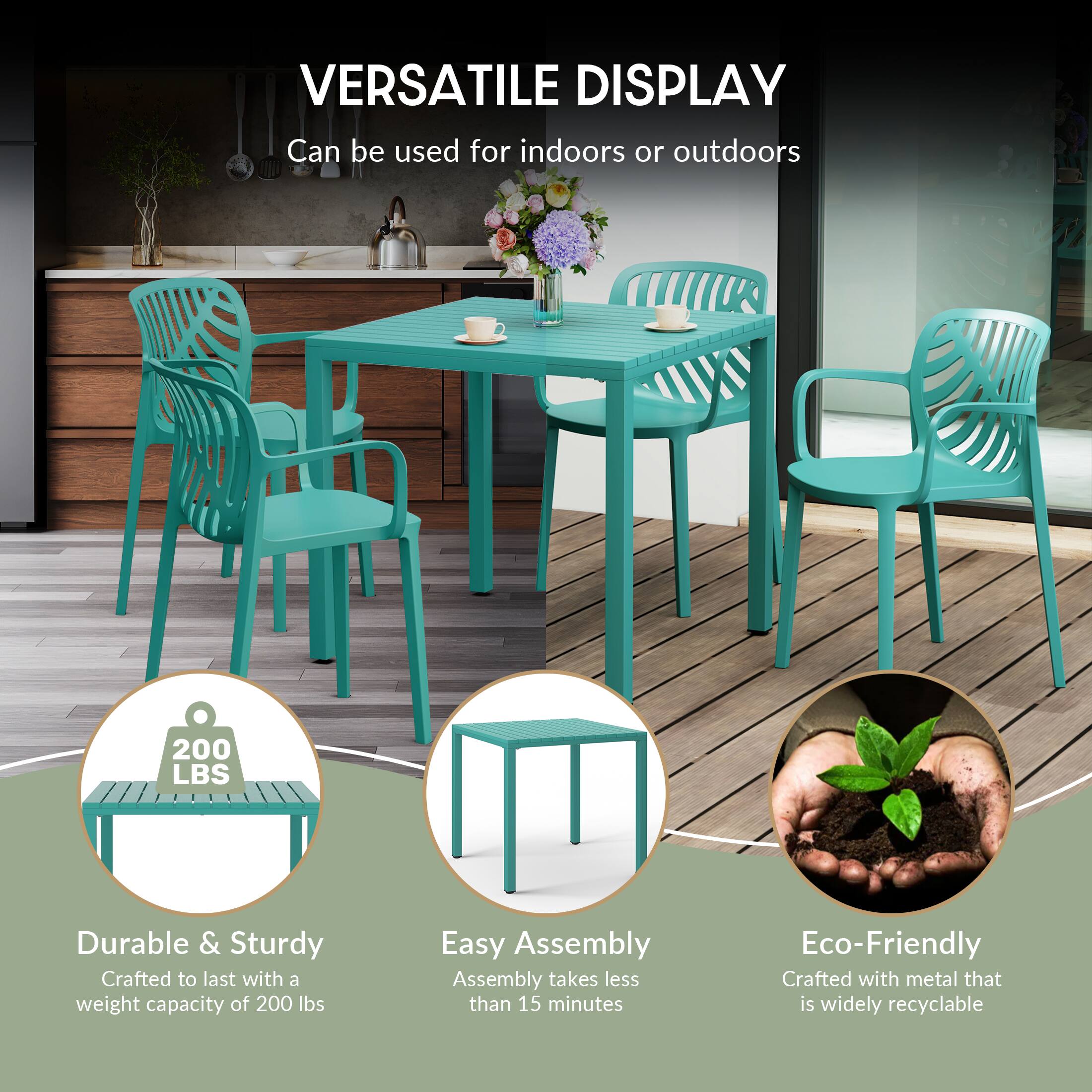VERSATILE DISPLAY  
Can be used for indoors or outdoors  

200 LBS  
Durable & Sturdy  
Crafted to last with a weight capacity of 200 lbs  

Easy Assembly  
Assembly takes less than 15 minutes  

Eco-Friendly  
Crafted with metal that is widely recyclable