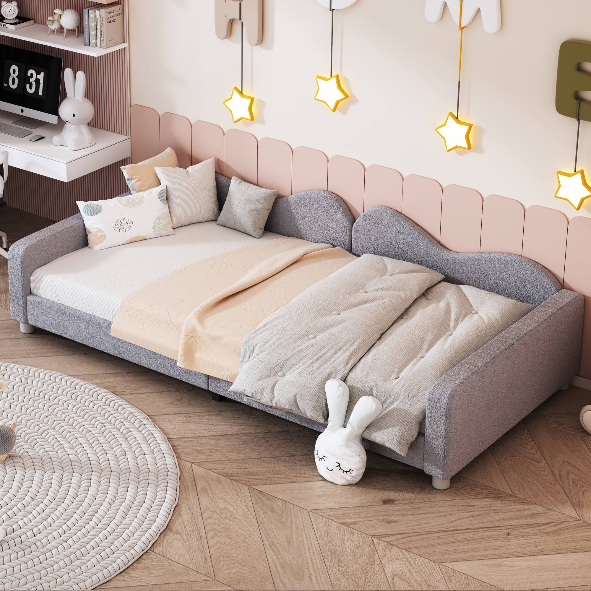 Back. Tiramisubest - Twin size Upholstered Daybed, Sherpa Fabric Sofabed with Cloud-Shaped Backrest, No Box-spring Needed, Gray - Gray.