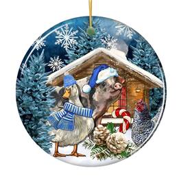 OrnamentallyYou - Charming Winter Farm Cabin and Animals Ceramic Christmas Ornament Duck Pig and Chicken - Multi-colored