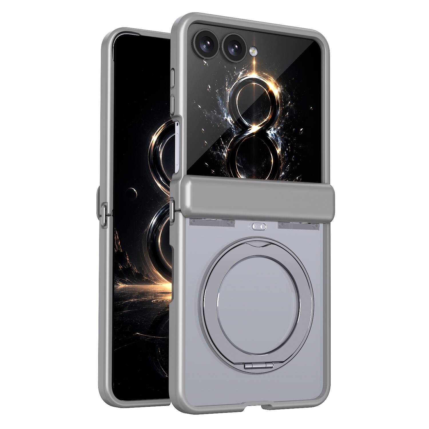 Left. Dteck - Magnetic Case for Samsung Galaxy Z Flip8 with Aluminum Stand, Matte Shockproof Auto Spring Hinge Protective Cover - Gray.