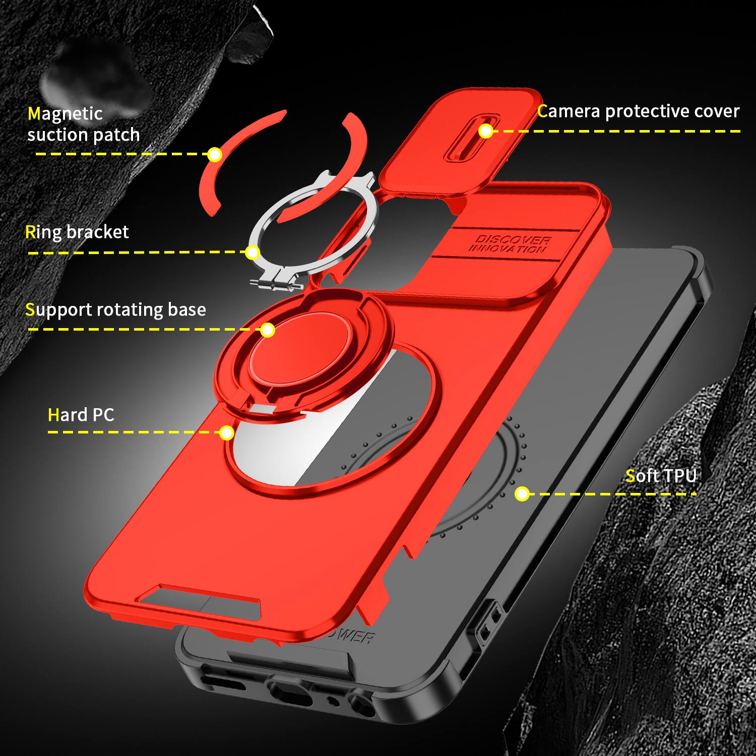 Magnetic suction patch  
Camera protective cover  
Ring bracket  
Support rotating base  
Hard PC  
Soft TPU  
DISCOVER INNOVATION