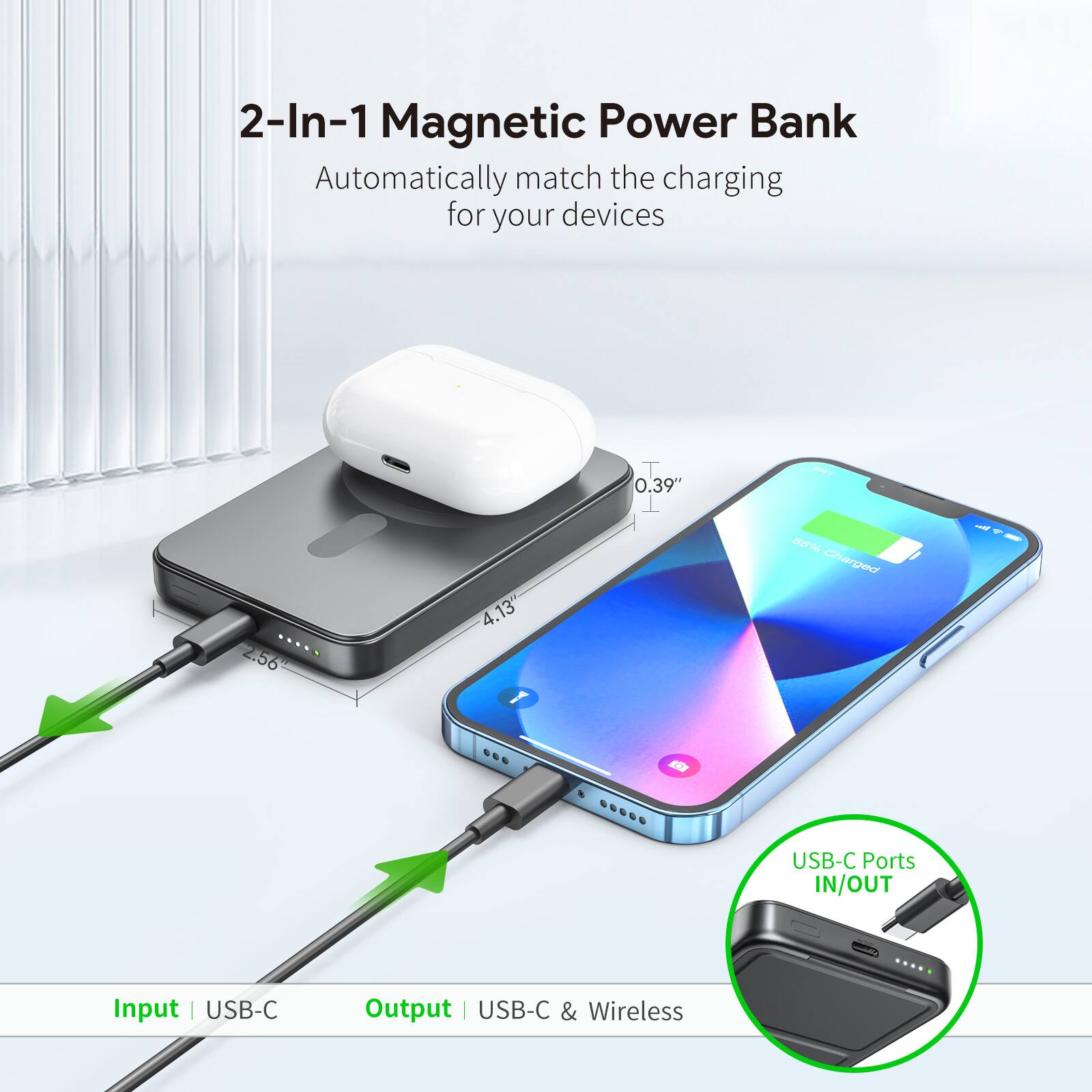 2-In-1 Magnetic Power Bank Automatically match the charging for your devices

Input | USB-C
Output | USB-C & Wireless
USB-C Ports IN/OUT