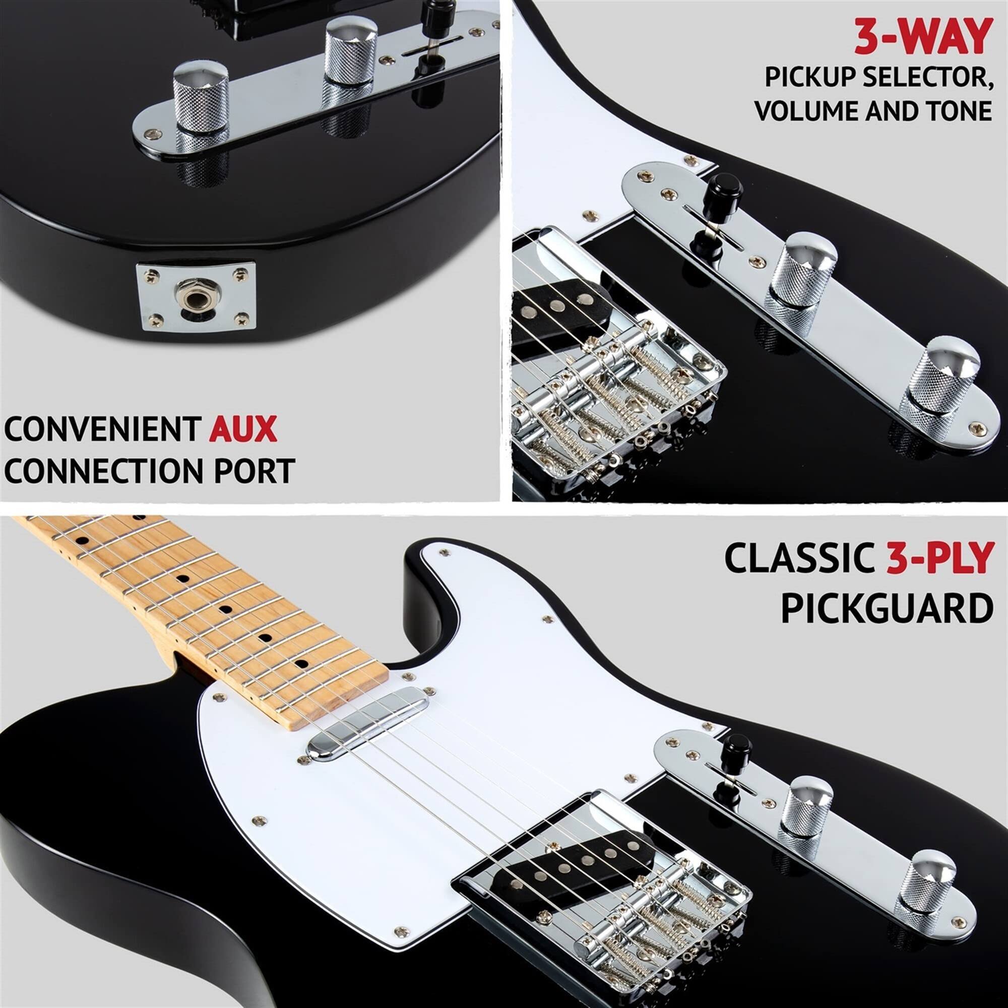 3-WAY PICKUP SELECTOR, VOLUME AND TONE, CONVENIENT AUX CONNECTION PORT, CLASSIC 3-PLY PICKGUARD