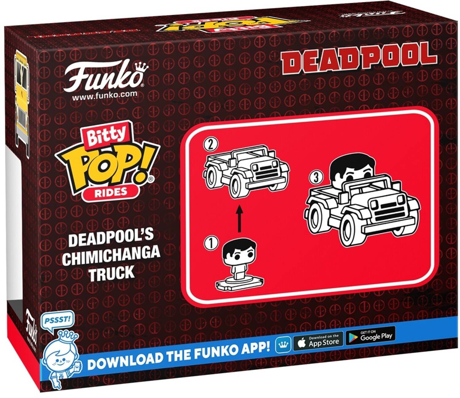 OPy Funko DEADPOOL www.funko.com Bitty POP! RIDES 3 DEADPOOL'S 1 CHIMICHANGA TRUCK PSSST!  Download the FUNKO APP! GET IT ON App Store Google Play