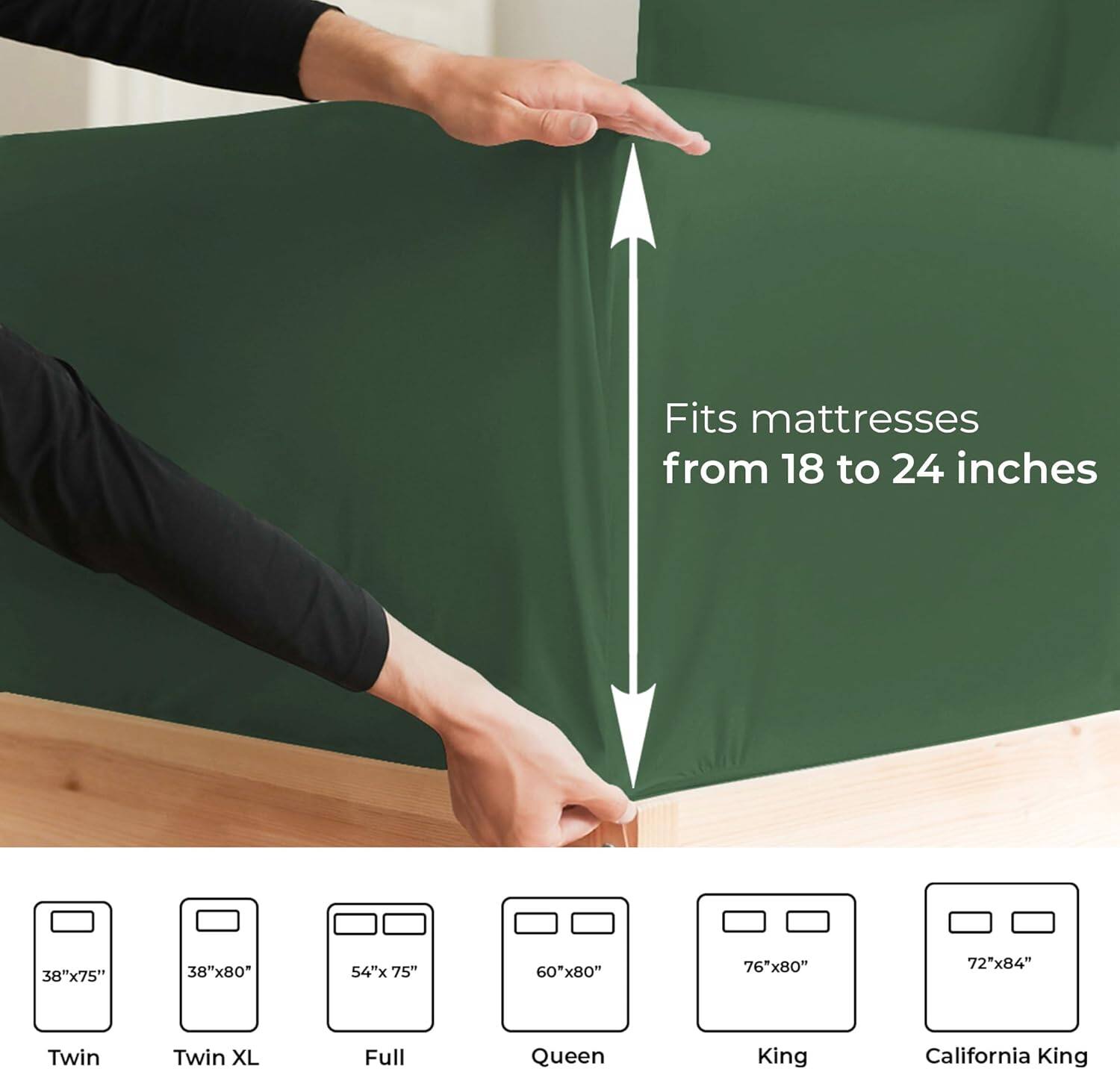 Fits mattresses from 18 to 24 inches

38"x75" Twin  
38"x80" Twin XL  
54"x75" Full  
60"x80" Queen  
76"x80" King  
72"x84" California King