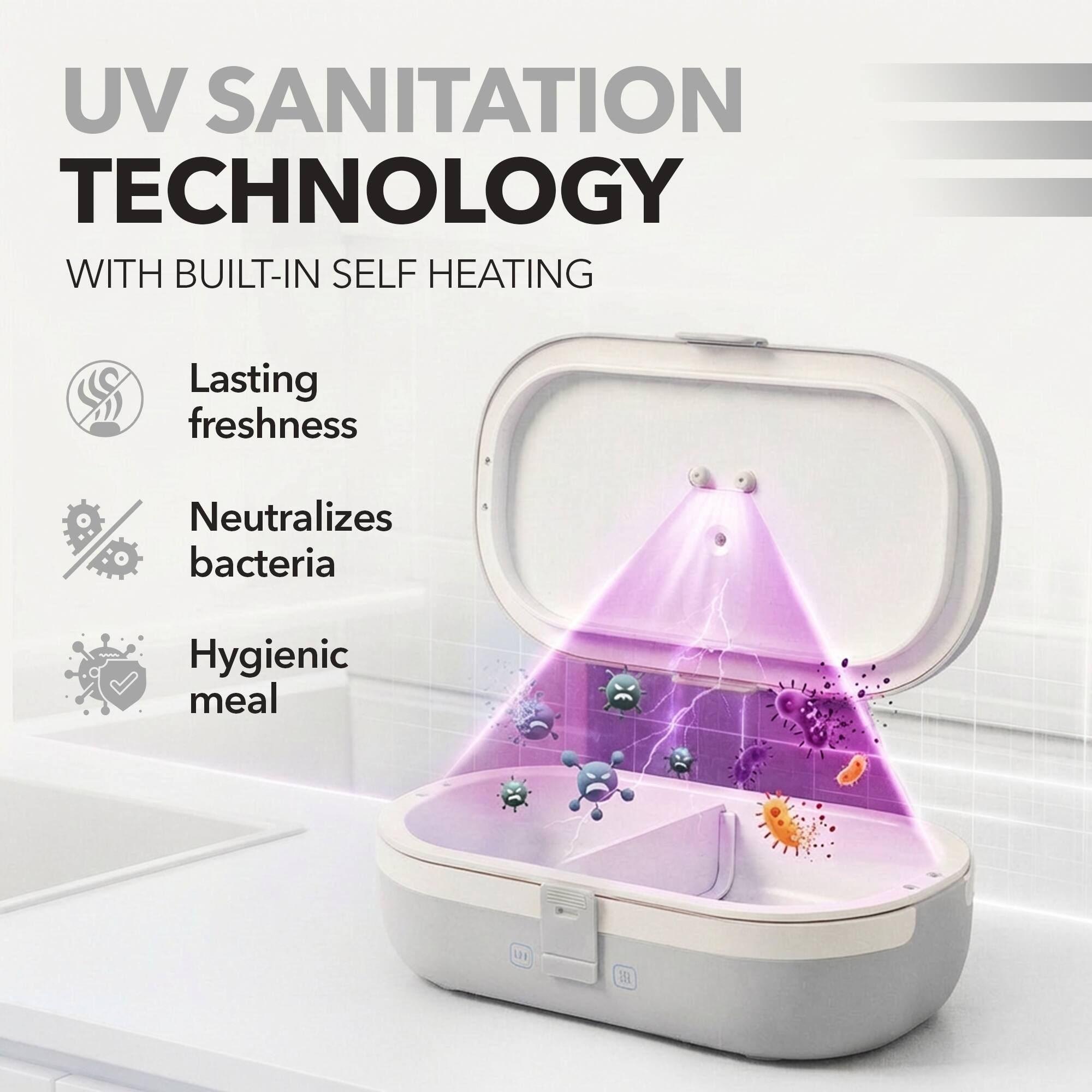 UV Sanitation Technology with Built-in Self Heating

- Lasting freshness
- Neutralizes bacteria
- Hygienic meal