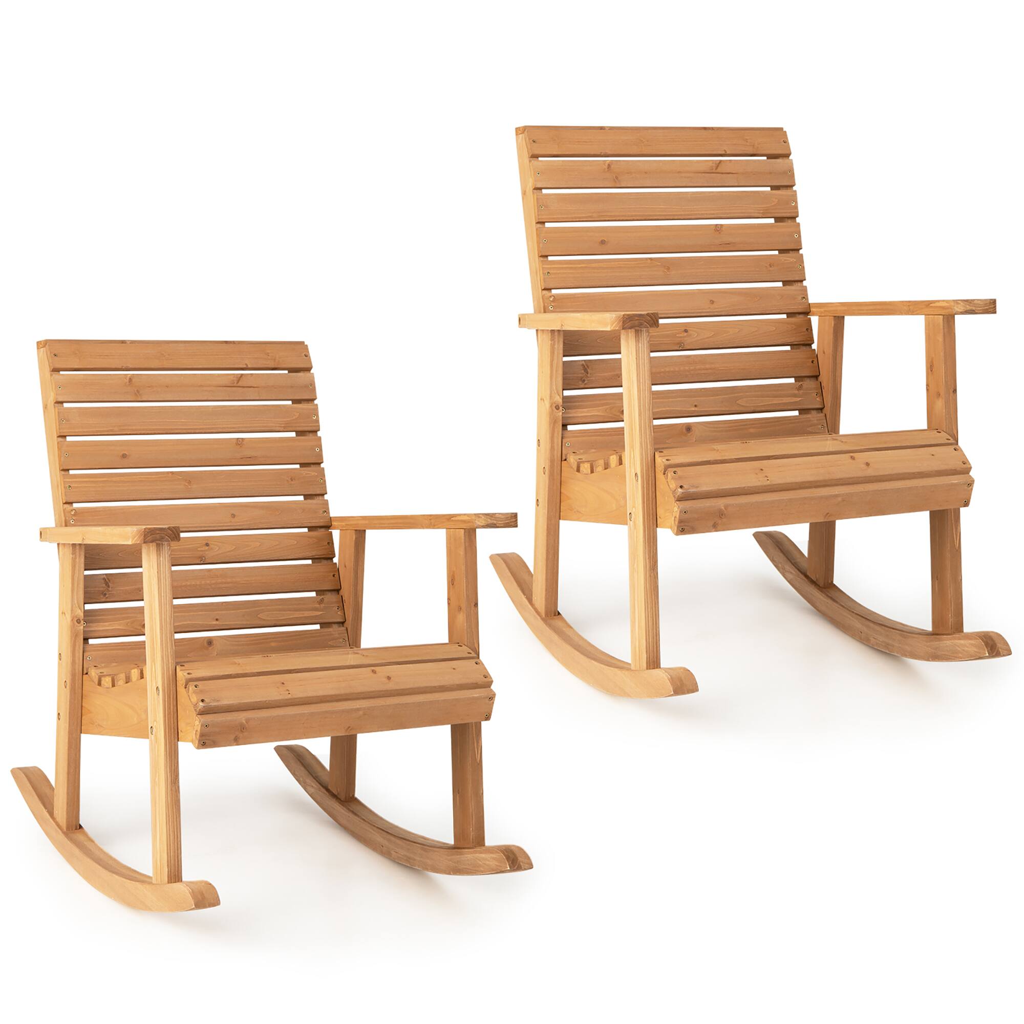 Costway - 2 PCS Patio Wooden Rocking Chair High Back Fir Wood Armchair Garden Yard - Natural