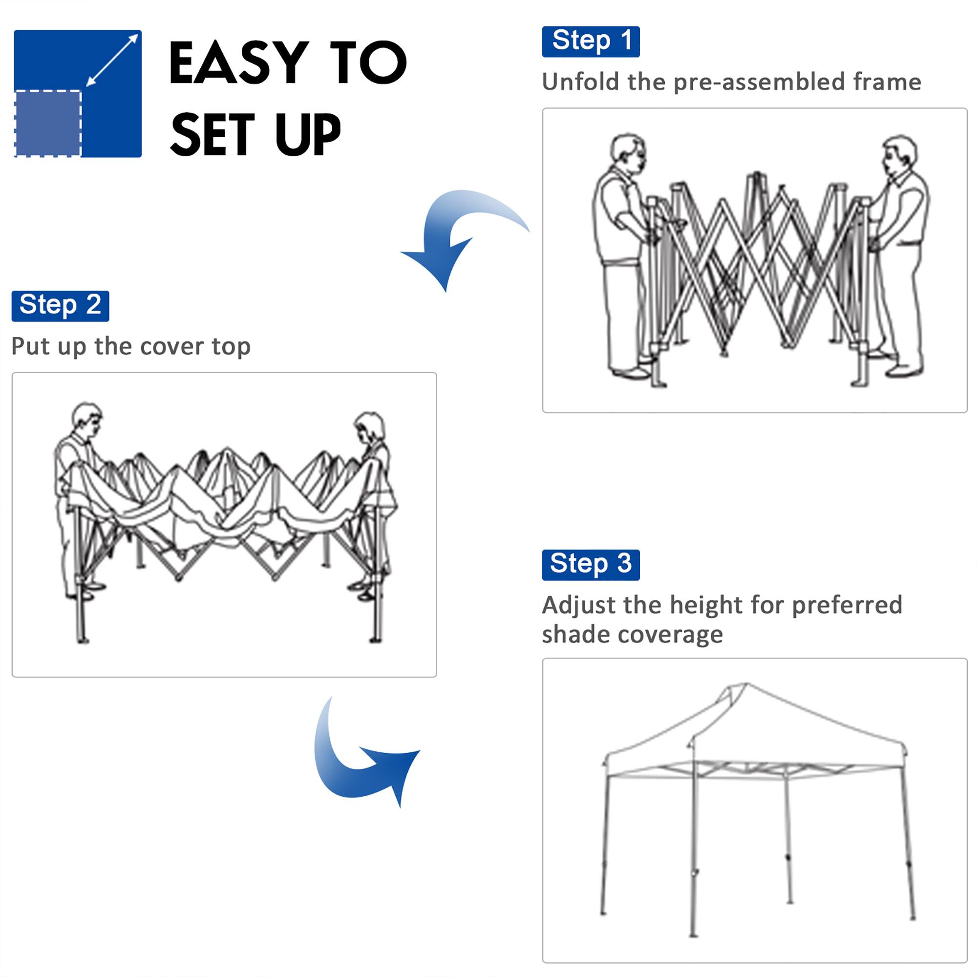 EASY TO SET UP

Step 1  
Unfold the pre-assembled frame

Step 2  
Put up the cover top

Step 3  
Adjust the height for preferred shade coverage