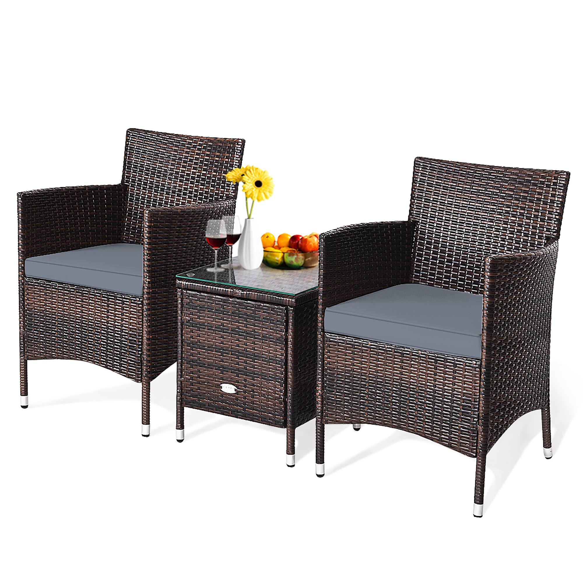 Left. Costway - Outdoor 3 PCS PE Rattan Wicker Furniture Sets Chairs  Coffee Table Garden - Gray.