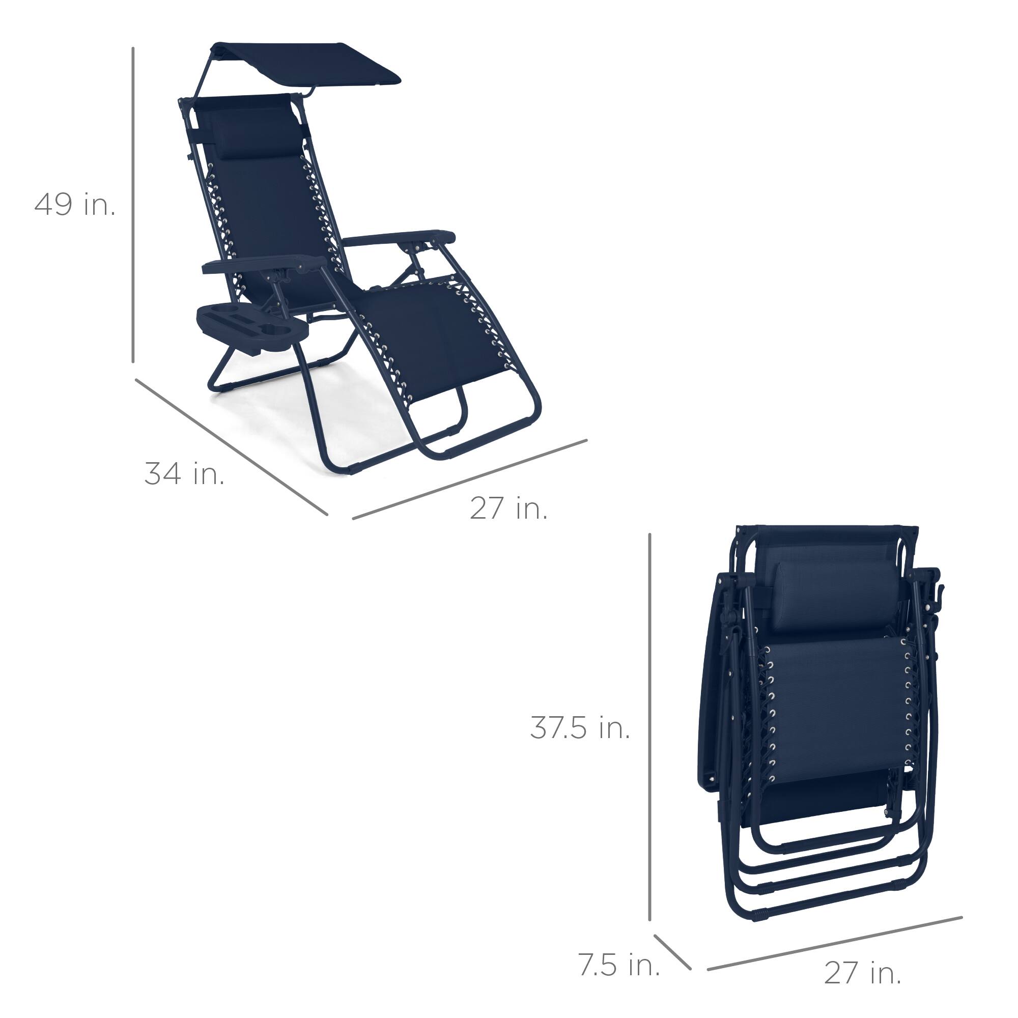 The dimensions of the chair are as follows:

- Height: 49 inches
- Width: 34 inches
- Depth: 27 inches
- Folded Height: 37.5 inches
- Folded Depth: 7.5 inches
- Seat Width: 27 inches