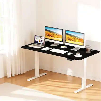 Front. Pefilos - 58" x 28" Universal Tabletop for Standard & Standing Desk Frame, Desk, Black - Black.