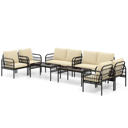 Front. Gymax - Gymax 8PCS Furniture Set Outdoor Wicker Conversation Bistro Set w/ Soft Cushions Patio - Brown.
