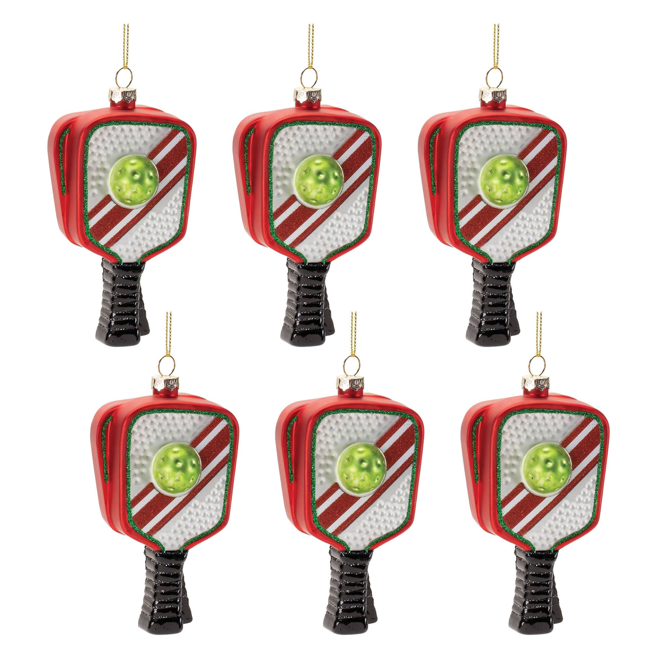 Alt View 1. BreeBe - Glass Pickleball Racket Ornament (Set of 6) - Red, Black.