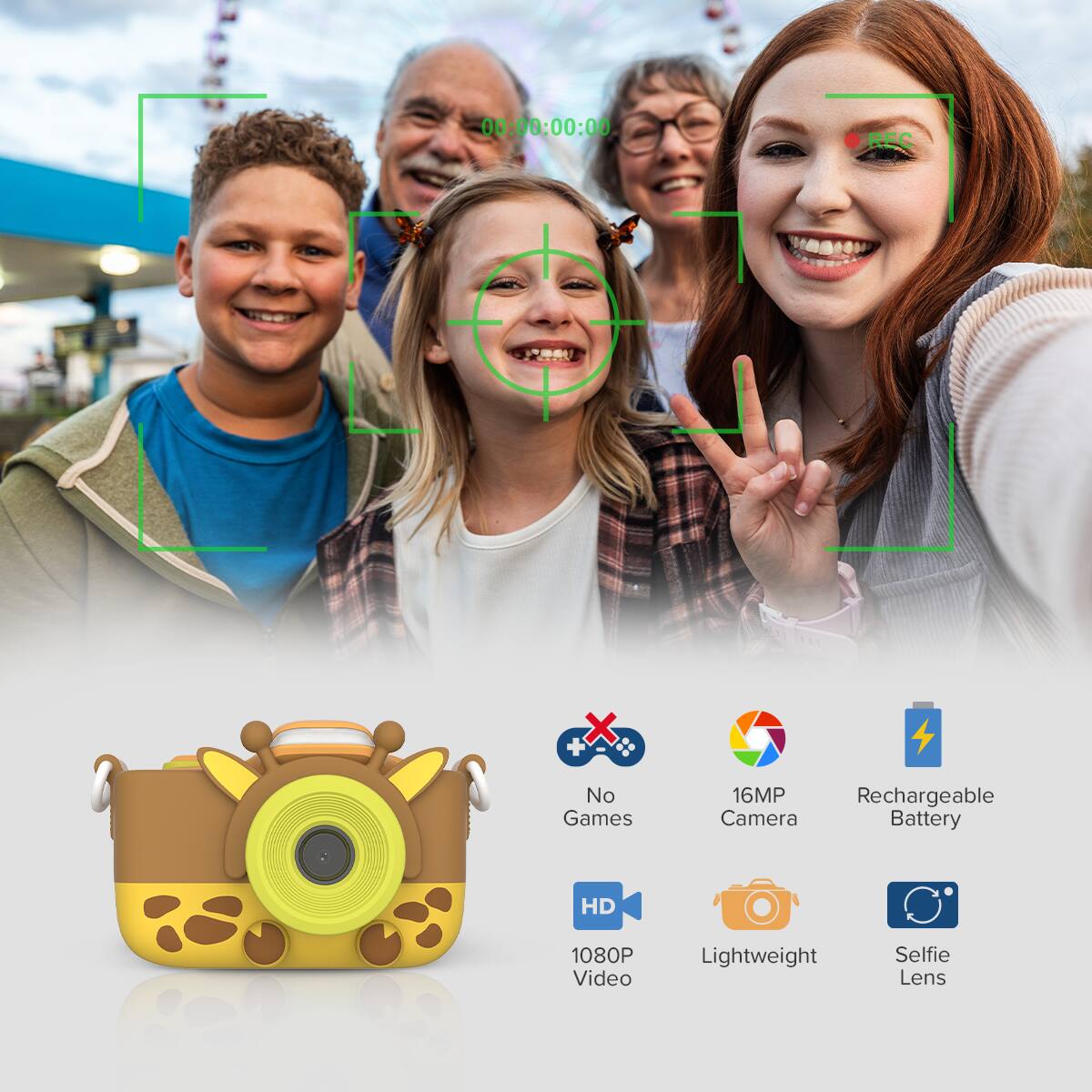 - No Games
- 16MP Camera
- Rechargeable Battery
- HD 1080P Video
- Lightweight
- Selfie Lens