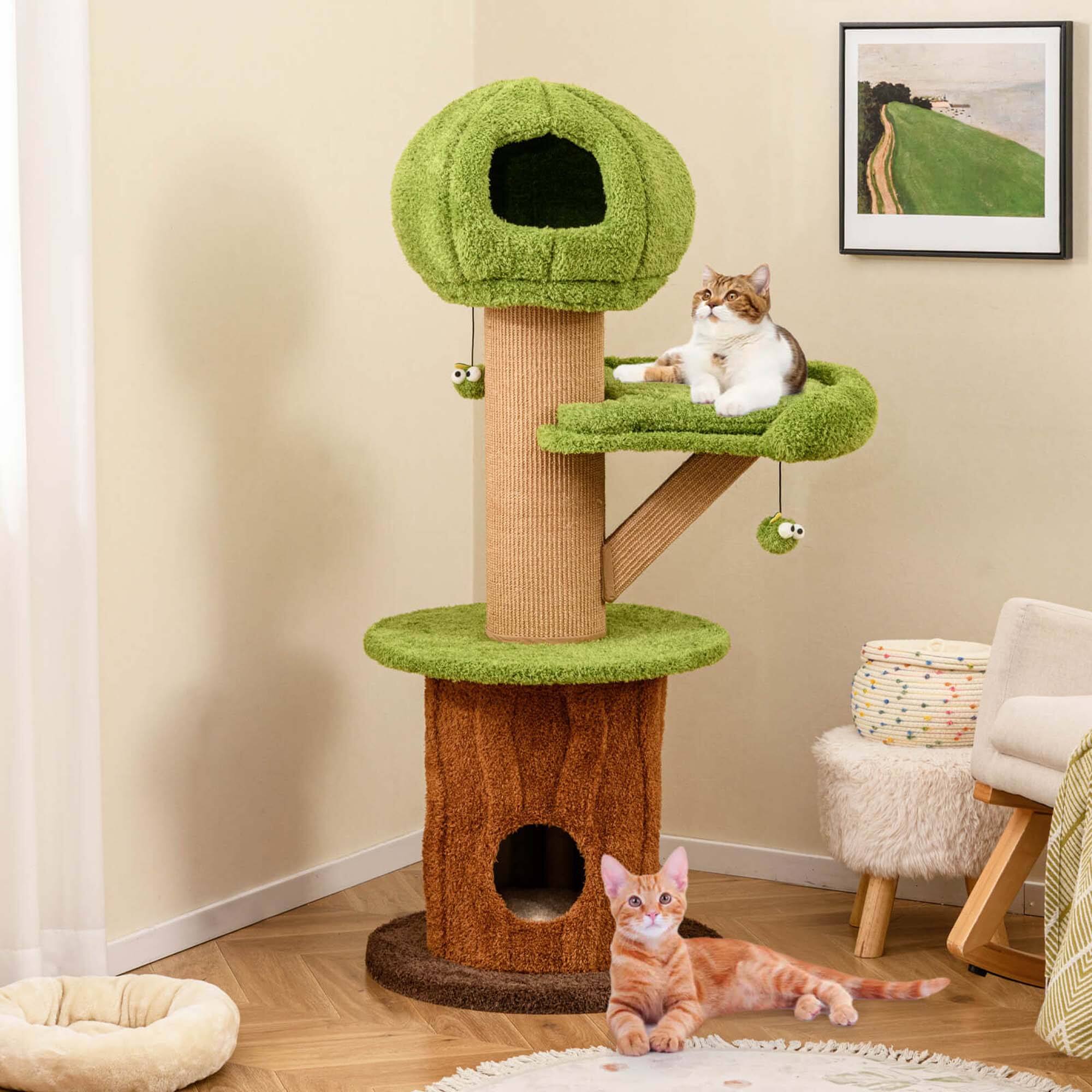 Alt View 1. Costway - Costway 48" Mushroom Cat Tree for Indoor Cats with 2 Cute Condos Plush Perch Teasing Balls - Brown.