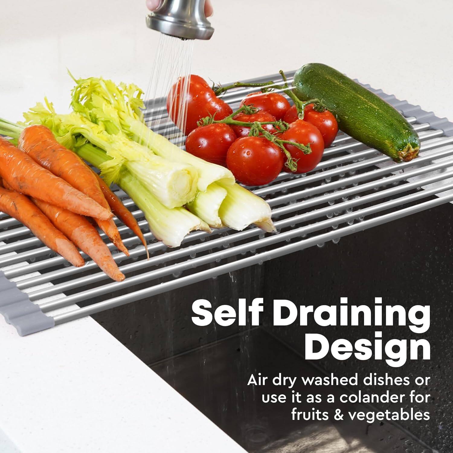 Self Draining Design  
Air dry washed dishes or use it as a colander for fruits & vegetables