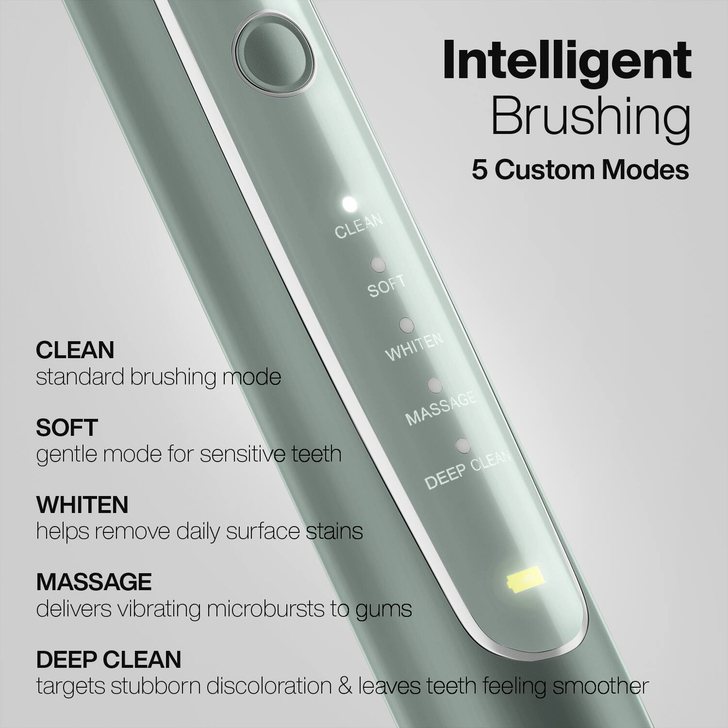 Intelligent Brushing  
5 Custom Modes

- CLEAN  
  standard brushing mode

- SOFT  
  gentle mode for sensitive teeth

- WHITEN  
  helps remove daily surface stains

- MASSAGE  
  delivers vibrating microbursts to gums

- DEEP CLEAN  
  targets stubborn discoloration & leaves teeth feeling smoother