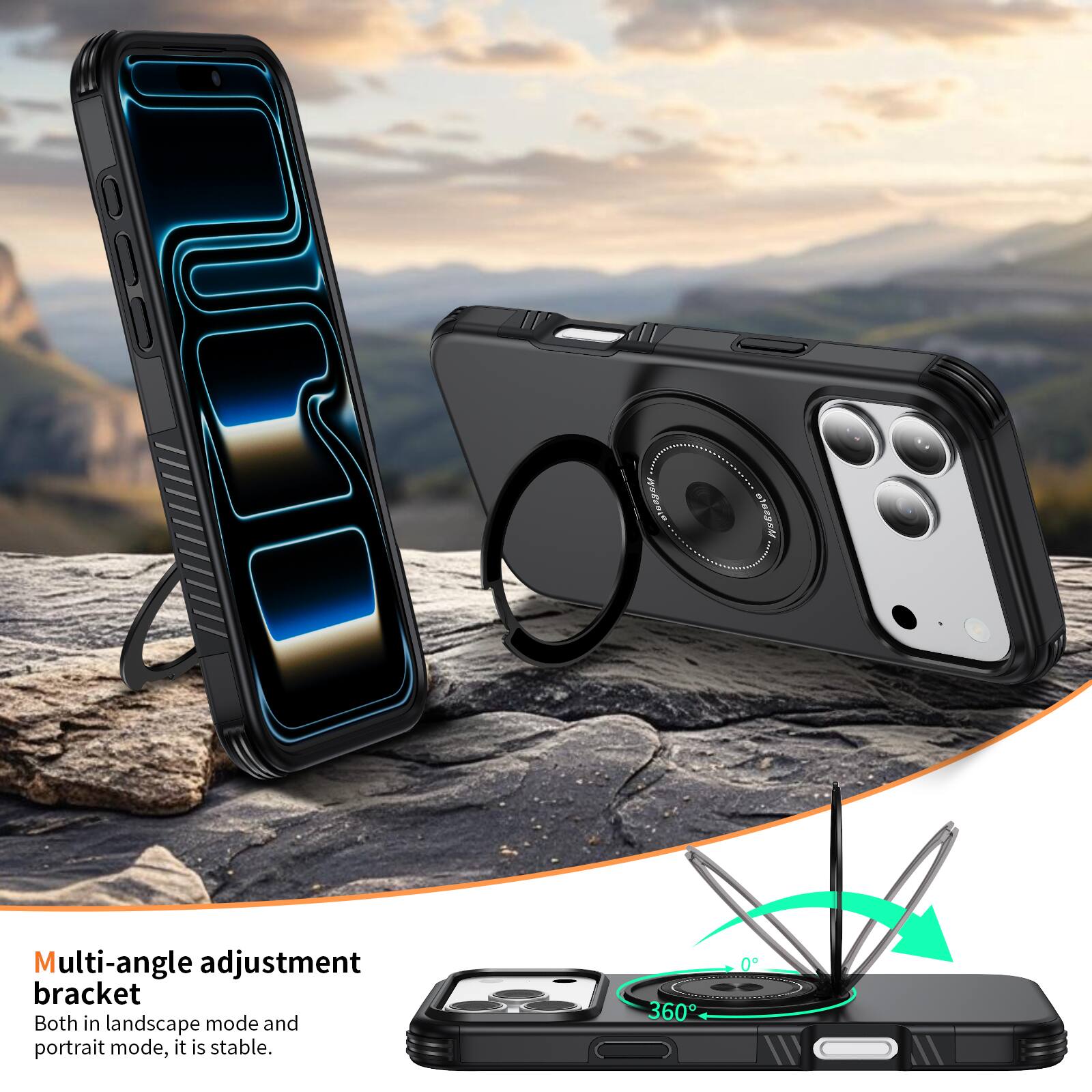 Multi-angle adjustment bracket  
Both in landscape mode and portrait mode, it is stable.  
360°