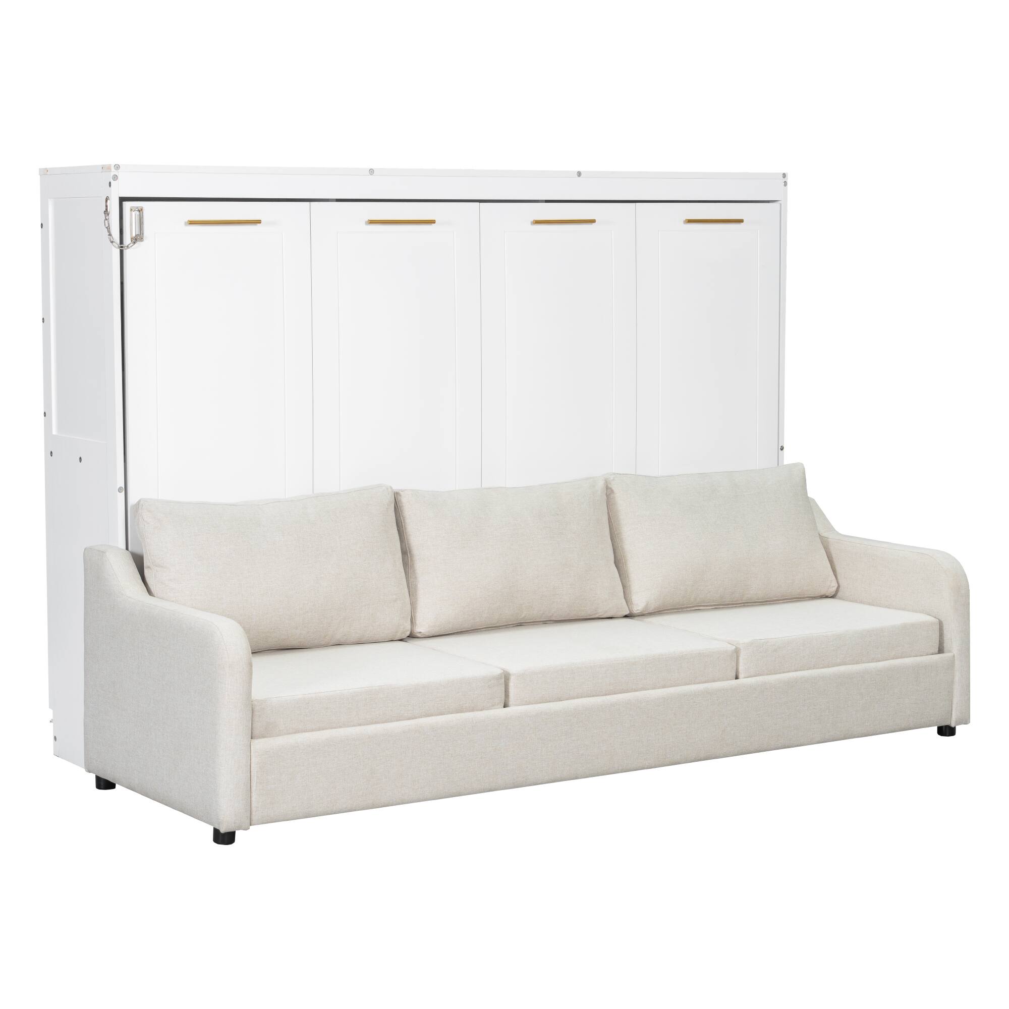 Back. Whisen - Full Size Murphy Bed with Folding Sofa, Integrated Storage Shelves and LED Lighting - Beige.