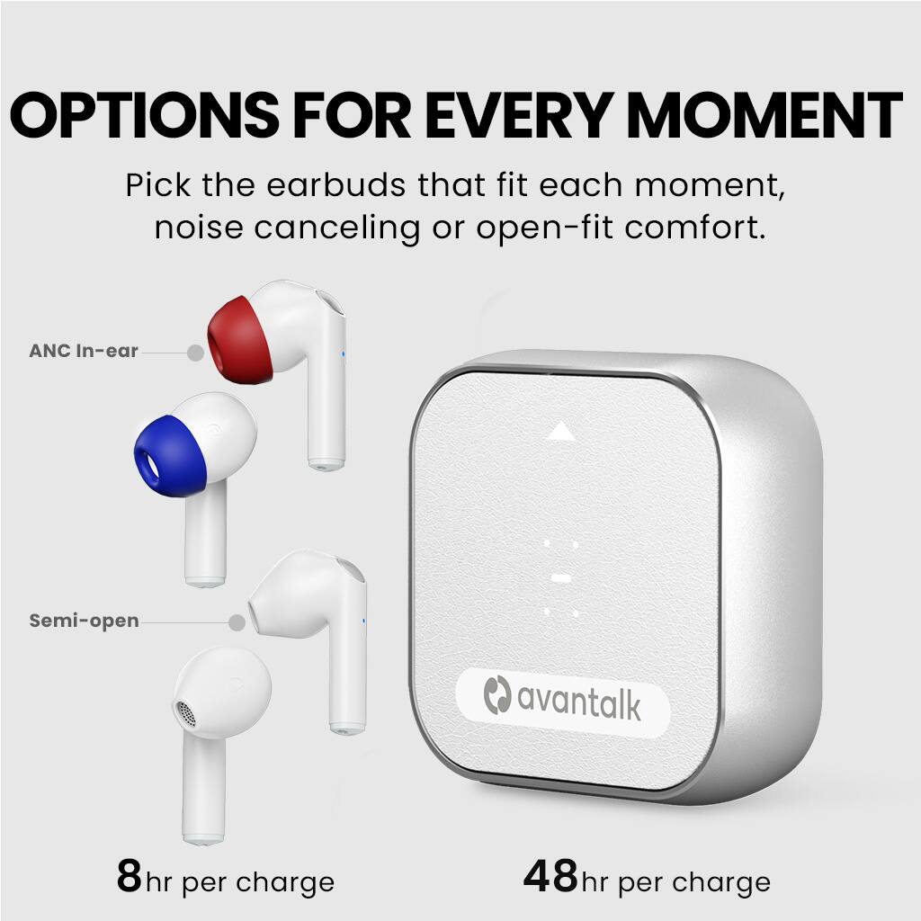 Angle. avantalk - Infinity - Auracast Wireless Earbuds, 2 Pairs Bluetooth 5.3 Headphones.