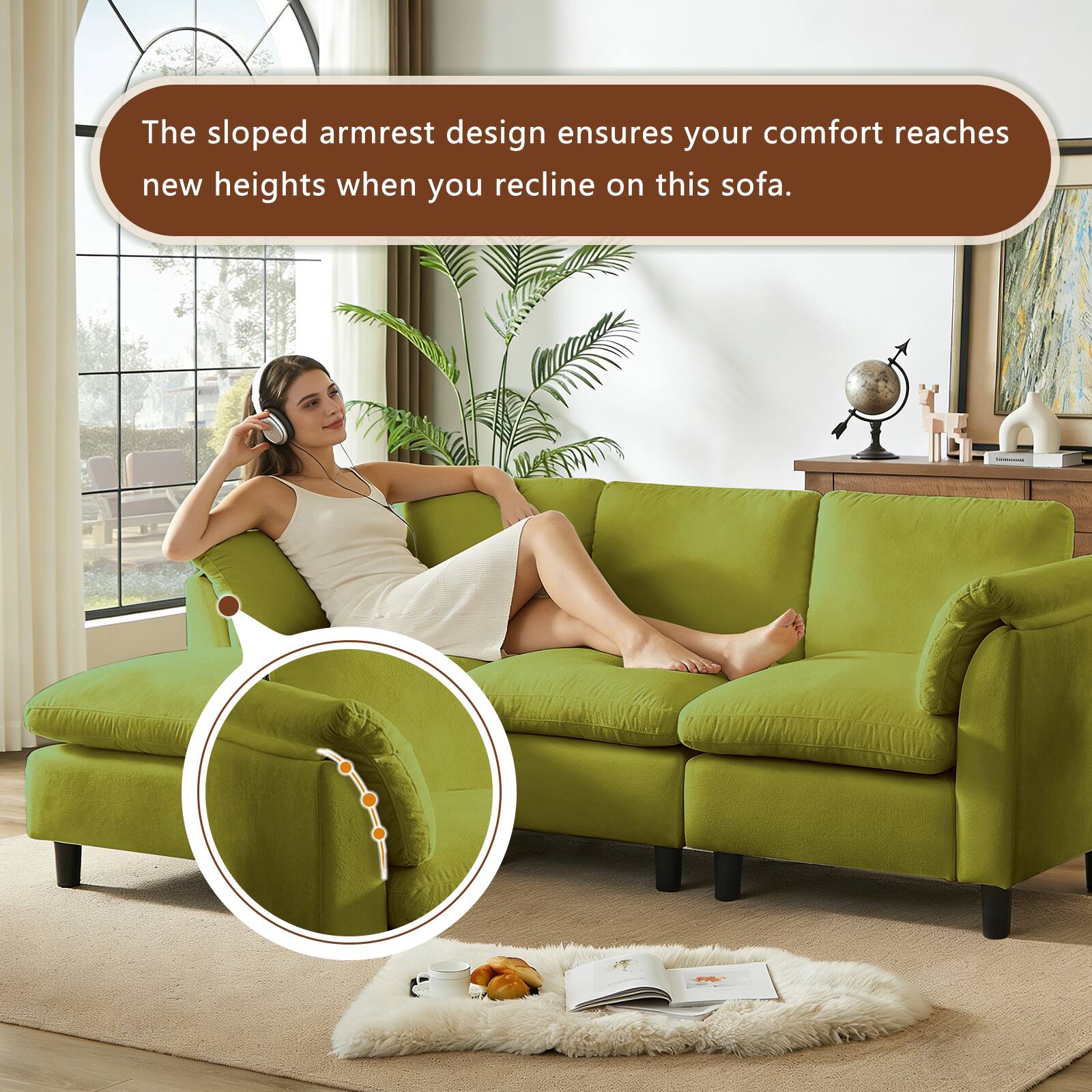 The sloped armrest design ensures your comfort reaches new heights when you recline on this sofa.