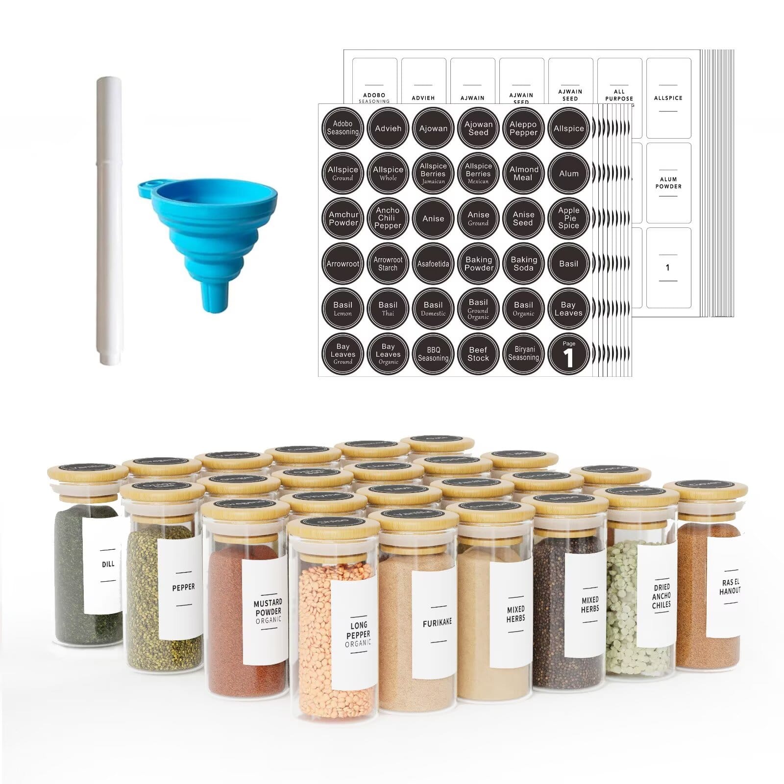 Tooloton - 4oz Glass Spice Jars 24-Pack with Bamboo Lids, Chalkboard Labels, Funnel, for Seasoning Organization