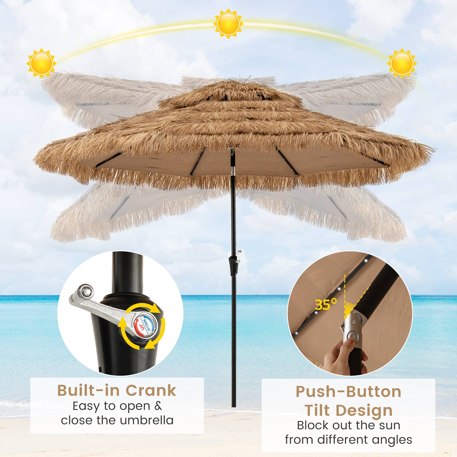 UP NADE 35  
Built-in Crank  
Easy to open & close the umbrella  
Push-Button Tilt Design  
Block out the sun from different angles