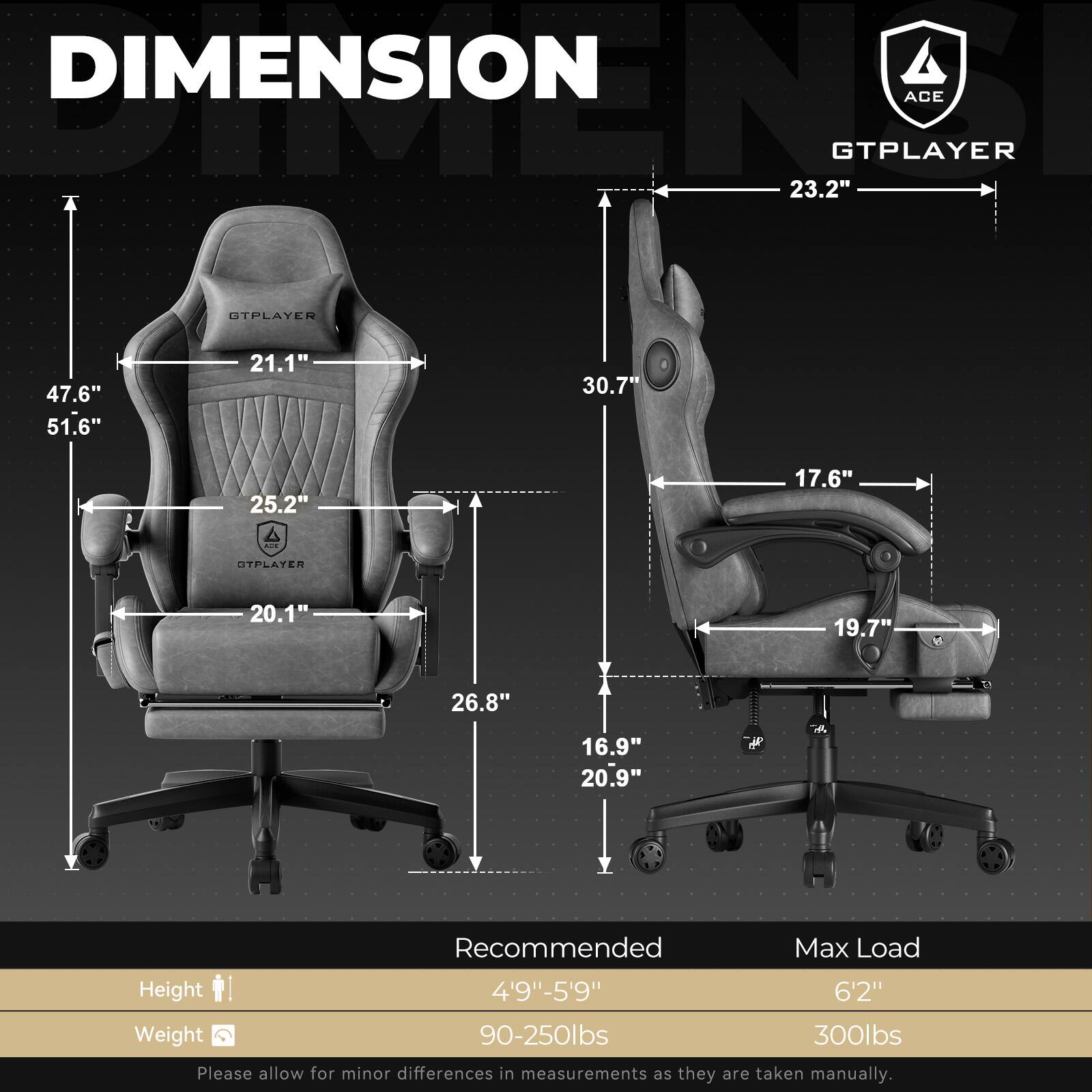 DIMENSIONS ACE GTPLAYER 23.2" GTPLAYER 47.6" 51.6" 21.1" 30.7" 25.2" 17.6" GTPLAYER 20.1" 19.7" 26.8" 16.9" 20.9" Recommended Max Load Height 4'9"-5'9" 6'2" Weight 90-250lbs 300lbs Please allow for minor differences in measurements as they are taken manually.