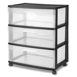 Sterilite - Wide 3 Drawer Storage Cart, Plastic Rolling Cart with Wheels to Organize Clothes in Bedroom, Closet, Black wit