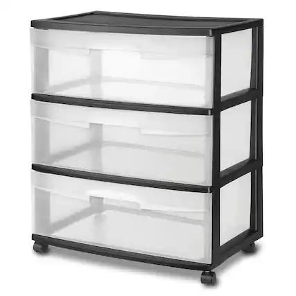 Front. Sterilite - Sterilite Wide 3 Drawer Storage Cart, Plastic Rolling Cart with Wheels to Organize Clothes in Bedroom, Closet, Black wit.