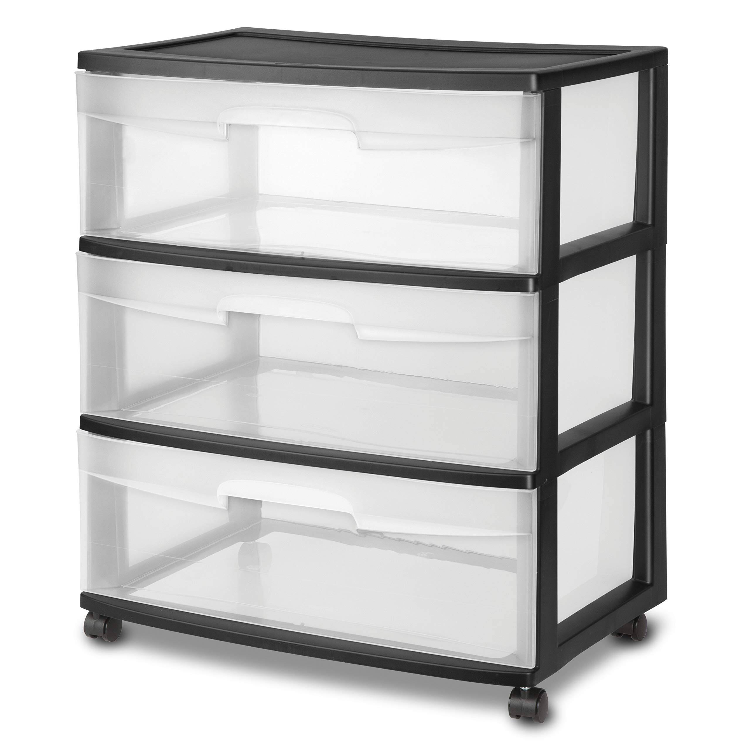 Front. Sterilite - Sterilite Wide 3 Drawer Storage Cart, Plastic Rolling Cart with Wheels to Organize Clothes in Bedroom, Closet, Black wit.