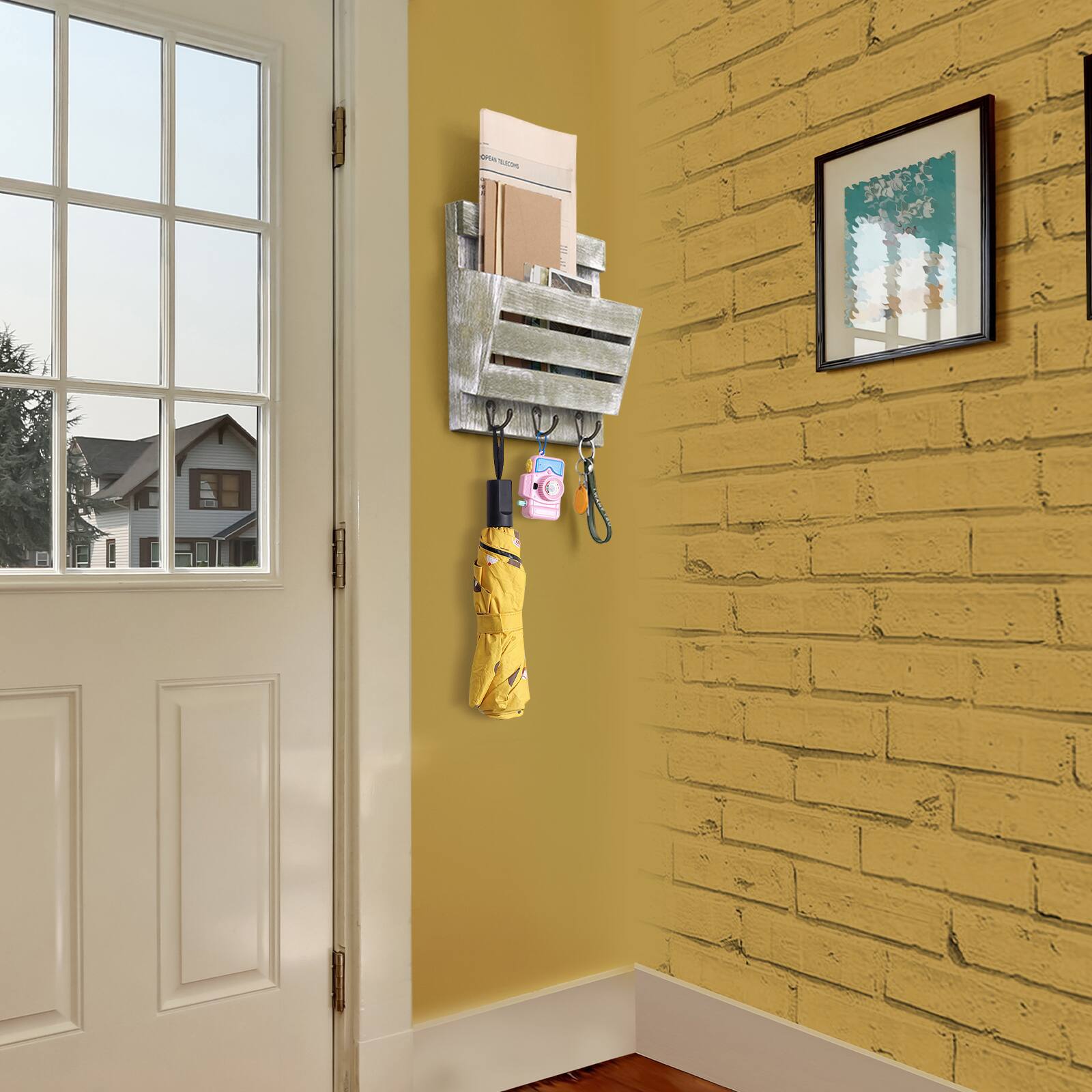 Alt View 2. Oumilen - Rustic White Green Washed Wood Wall Mail Organizer with 3 Metal Hooks, Single Slot Wall Mount Letter Key Holder Rack - Gray.