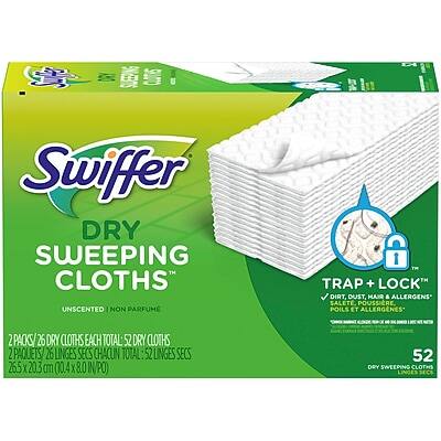 Swiffer  
DRY SWEEPING CLOTHS™  
UNSCENTED NON PARFUMÉ  

TRAP + LOCK™  
DIRT, DUST, HAIR & ALLERGENS  
POUSSIÈRE, POILS ET ALLÉGENES  

2 PACKS / 26 DRY CLOTHS EACH  
TOTAL: 52 DRY CLOTHS  
2 PAQUETS / 26 LINGES SECS CHACUN  
TOTAL: 52 LINGES SECS  

26.5 X 20.3 CM (10.4 X 8.0 IN)  
52 DRY SWEEPING CLOTHS