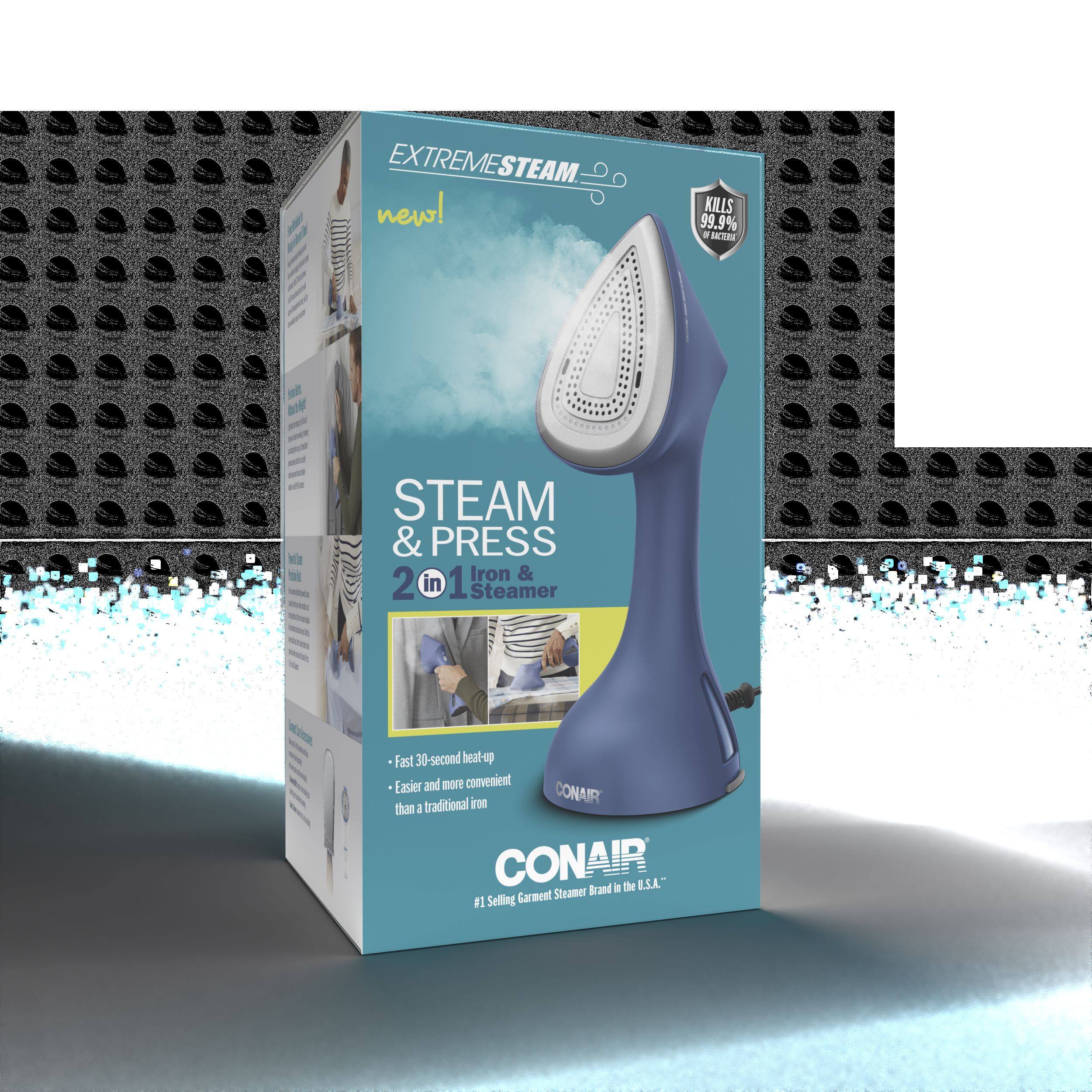The text on the image is grouped and corrected as follows:

"Introducing the Extreme Steam Iron & 2 in 1 Steamer from Conair! This innovative product kills 99.9% of bacteria and features a fast 30-second heat-up time, making it easier and more convenient than traditional irons. The Extreme Steam Iron is the #1 selling garment steamer in the U.S.A. and is now available in a new, improved design. With its unique steam and press capabilities, this versatile tool can help you achieve professional-looking results in less time and with less effort than ever before. Try it out today and experience the power of extreme steam!"