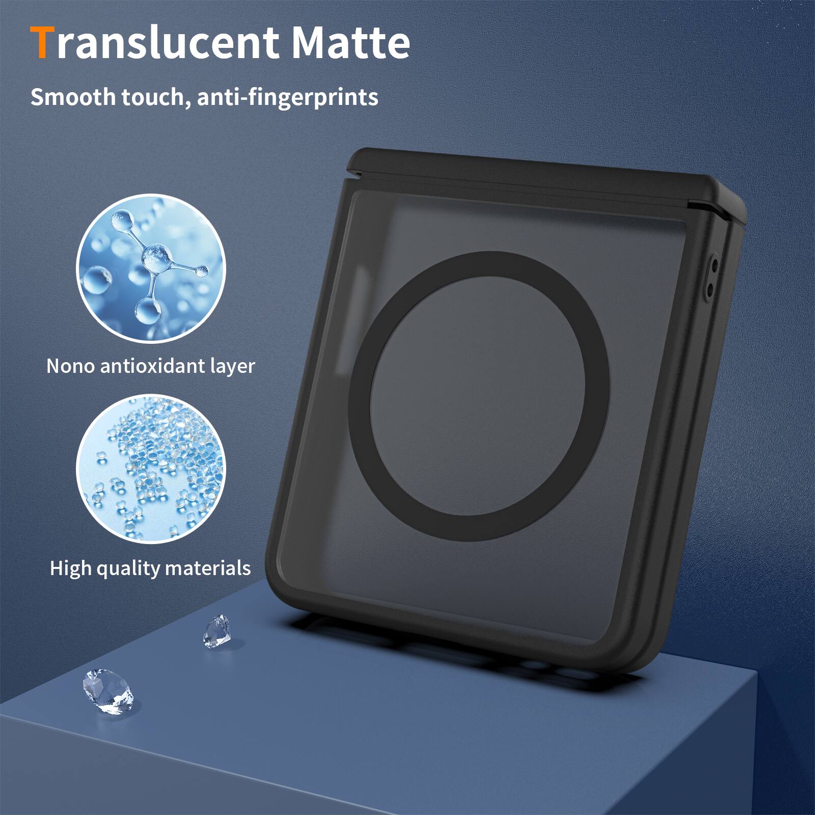 Translucent Matte  
Smooth touch, anti-fingerprints  
Nano antioxidant layer  
High quality materials