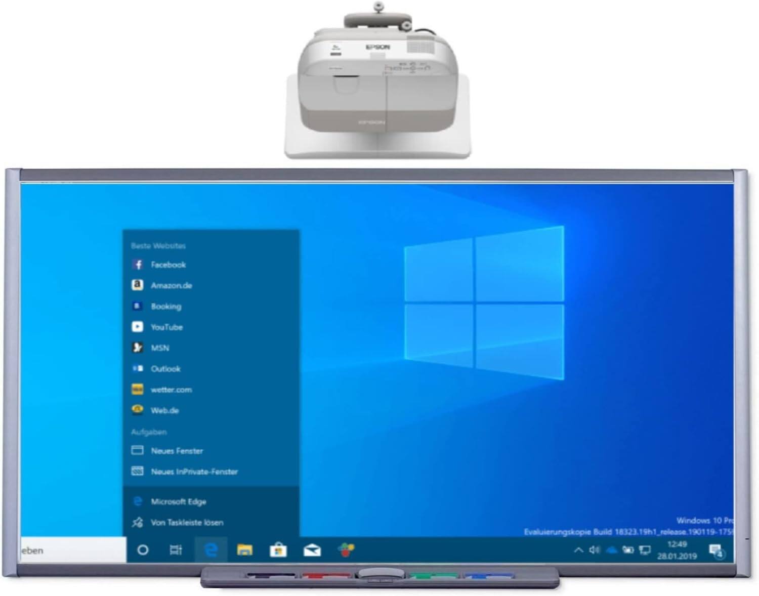 Sure, here is the corrected and grouped text from the image:

---

**Beste Websites:**
- Facebook
- Amazon.de
- Booking
- YouTube
- MSN
- Outlook
- wetter.com
- Web.de

**Aufgaben:**
- Neues Fenster
- Neues InPrivate-Fenster

**Microsoft Edge:**
- Von Taskleiste löschen

**Windows 10 Pro:**
- Evaluierungskopie Build 18323.19h1_release.190119-175
- 18323.19h1
- 12:49
- 28.01.2019

---

This text is organized into categories based on the context from the image.