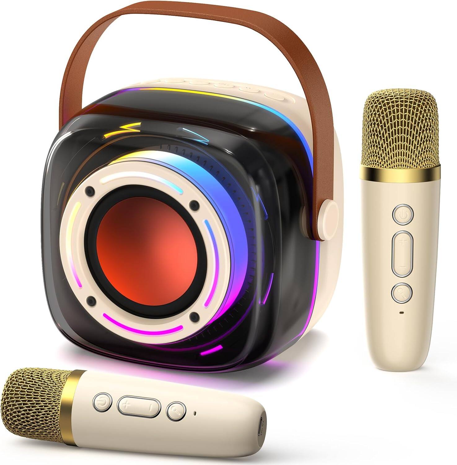 Stamp n Camp - Karaoke Machine with 1 Wireless Mircophone for Adults Kids, Portable Bluetooth Speaker 3.5" Full-Range and Colorful LED - 2Mics