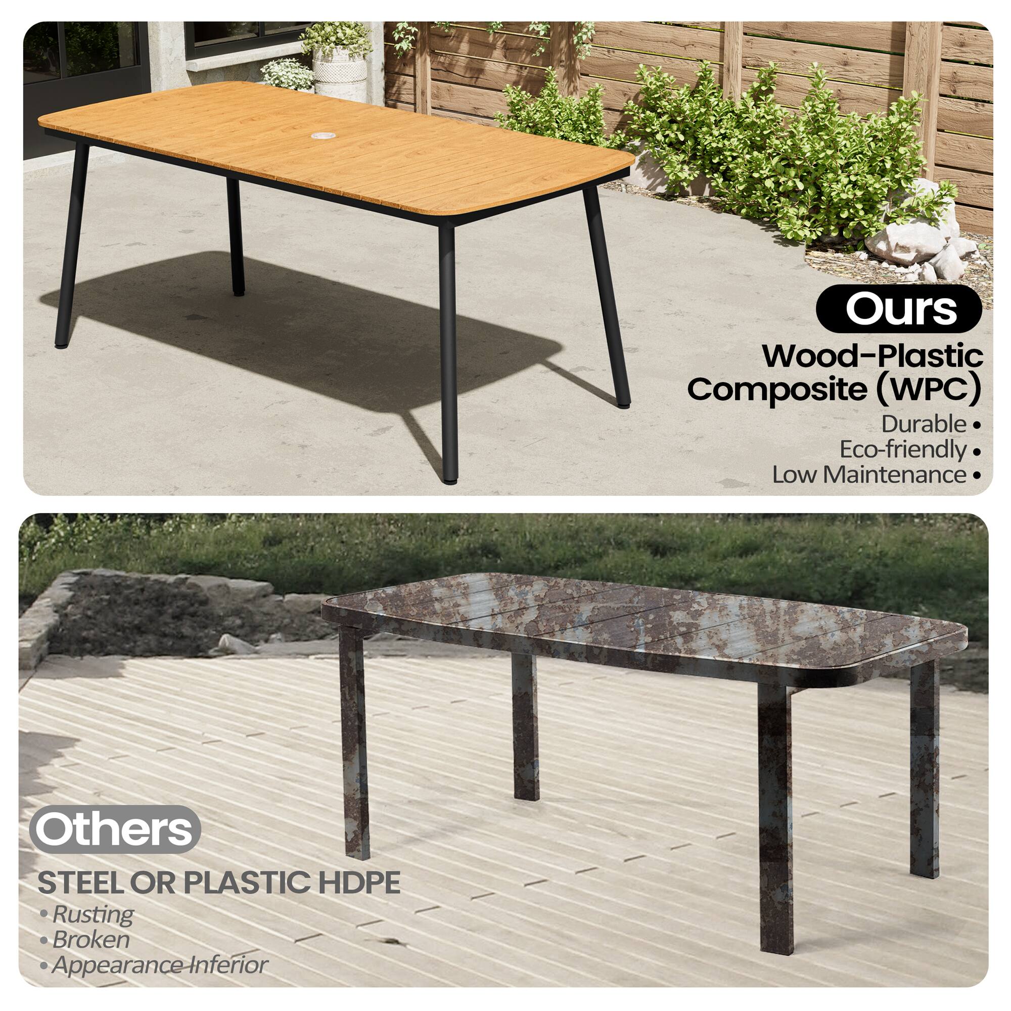 **Ours**

Wood-Plastic Composite (WPC)

- Durable
- Eco-friendly
- Low Maintenance

**Others**

STEEL OR PLASTIC HDPE

- Rusting
- Broken
- Appearance Inferior