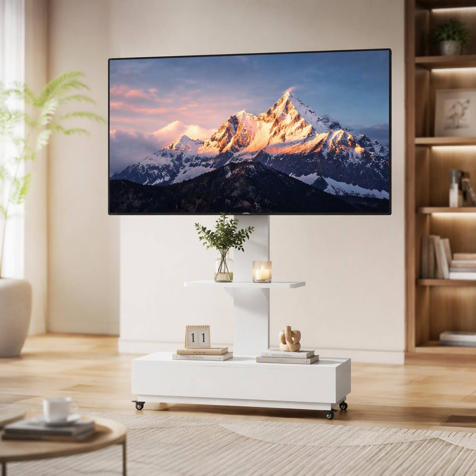 Front. RYHNUYNE - Adjustable Height Mobile TV Stand, White Push-Pull Drawer Cart With Wheels For 32-75 Inch TVs - White.