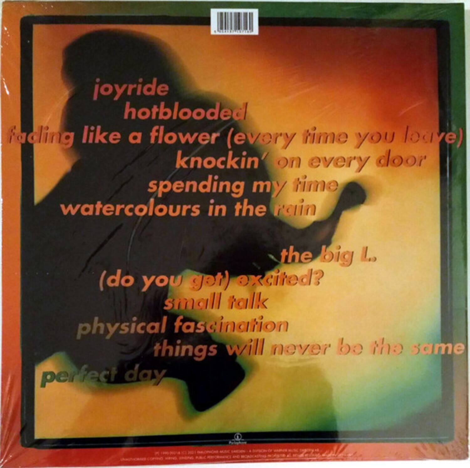 joyride  
hotblooded  
fading like a flower (every time you leave)  
knockin' on every door  
spending my time  
watercolours in the rain  

the big L.  
(do you get) excited?  
small talk  
physical fascination  
things will never be the same  

perfect day
